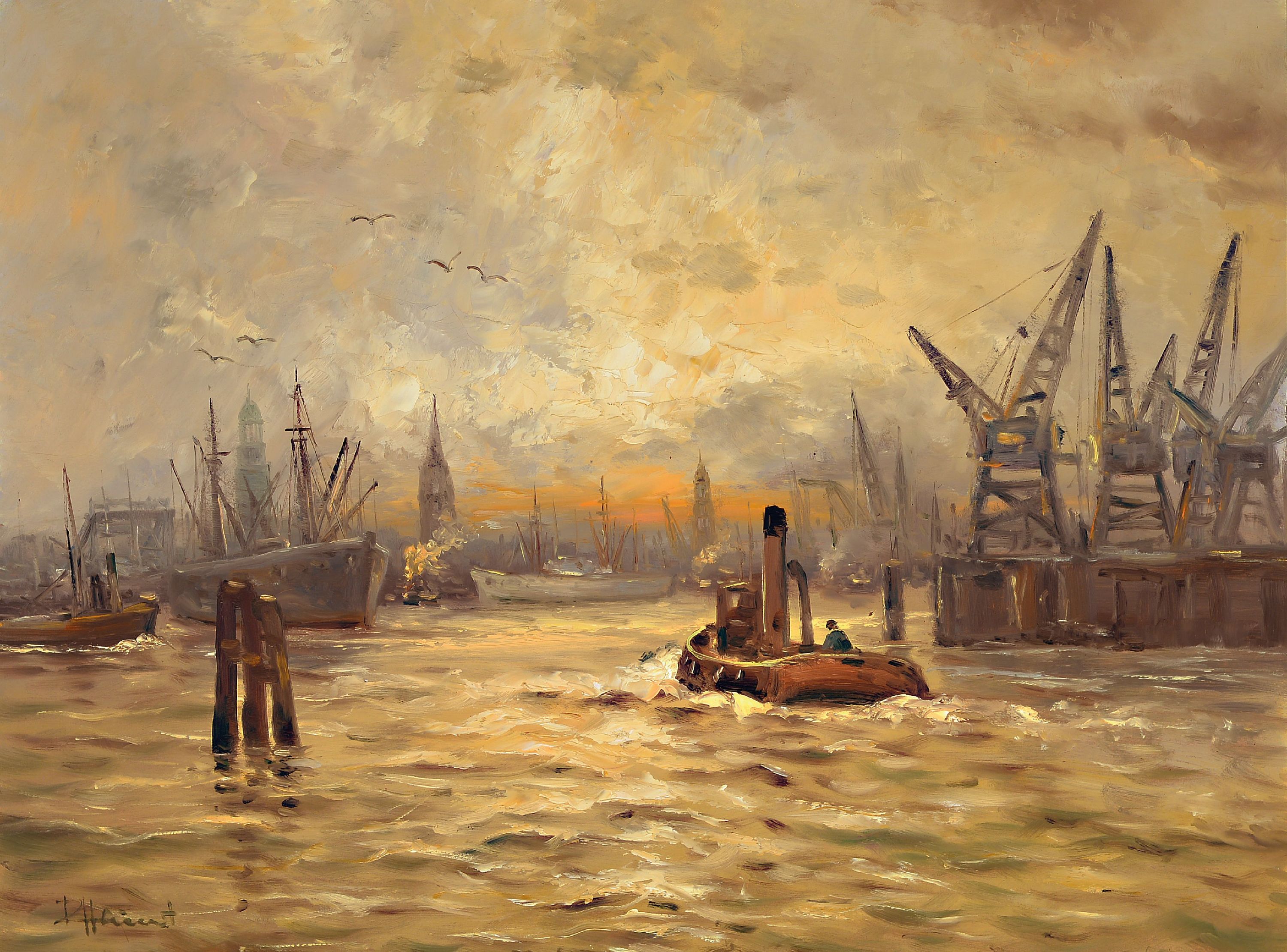 Image 26988800 - Adolf Rheinert, 1879-1958, Sonnenaufgang im Hafen, Öl/Malkarton, links unten sign., ...