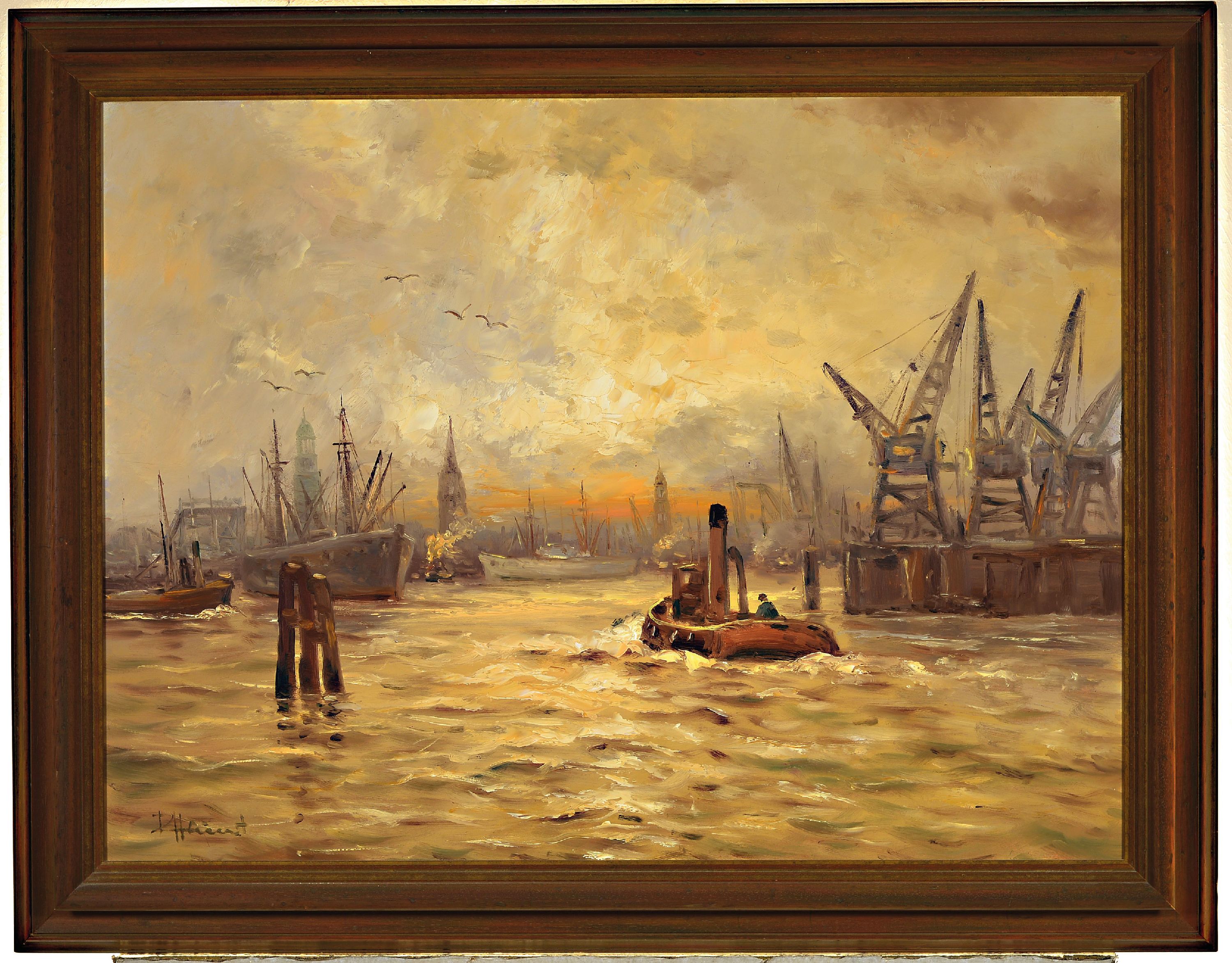 Detail k: Adolf Rheinert, 1879-1958, Sonnenaufgang im Hafen, Öl/Malkarton, links unten sign., stimmungsvoll, ca. 60x80cm, R. ca. 74x94cm