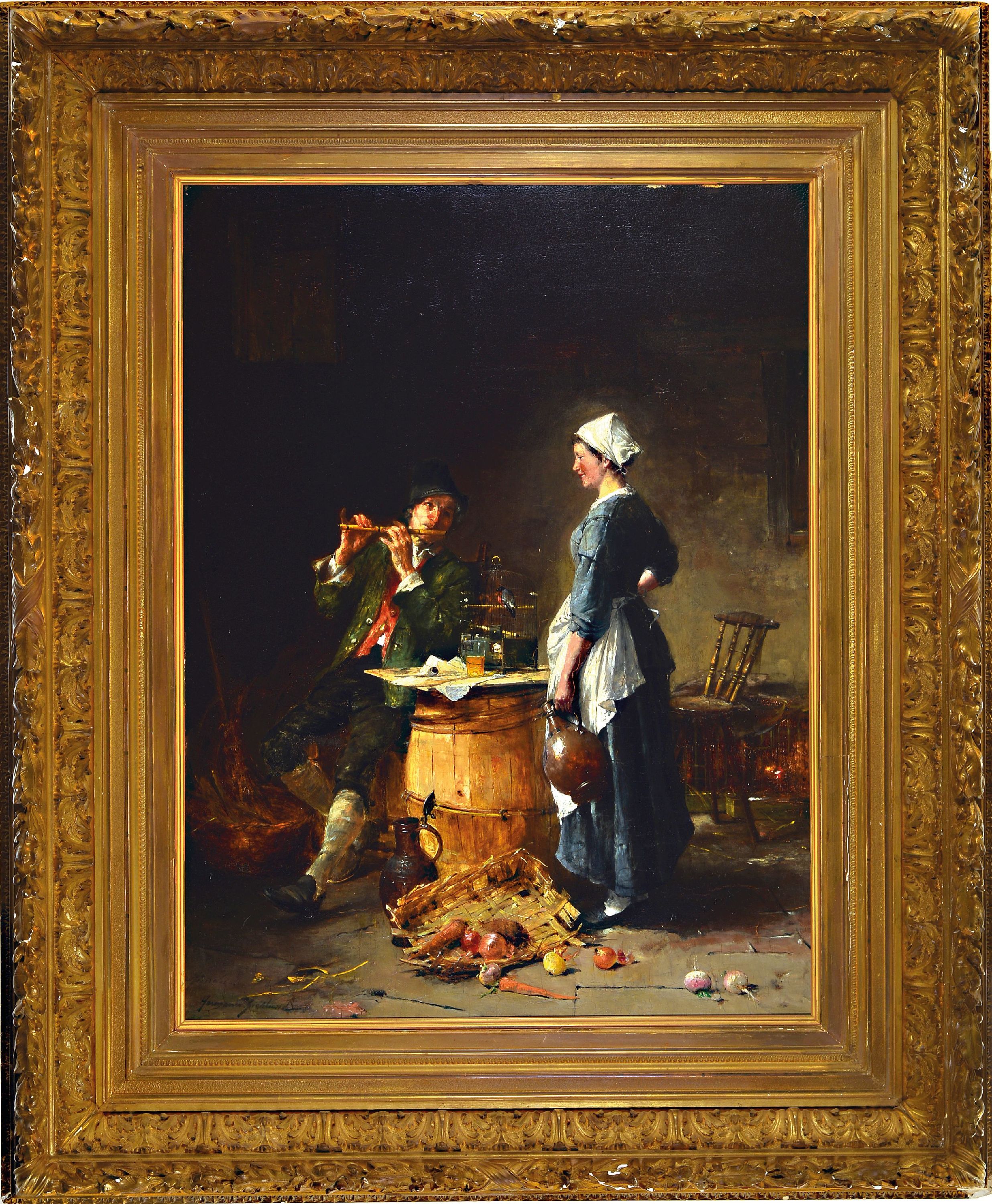 Detail k: Hermann Ziebland, 1853 Würzburg-1896 München, Das Konzert, ein junger Bauer spielt die Flöte, begleitet vom Gesang eines Dompfaff, die junge ...