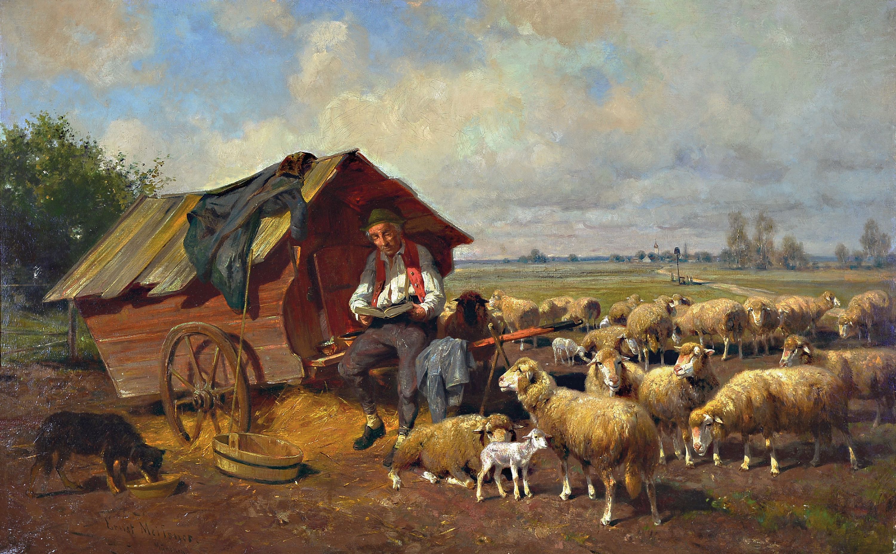 Ernst Adolf Meissner, 1837 Dresden-1902 München, Des Schäfers Sonntagstoilette, ein auf seinem Wagen sitzender lesender Schäfer, um ihn die ...
