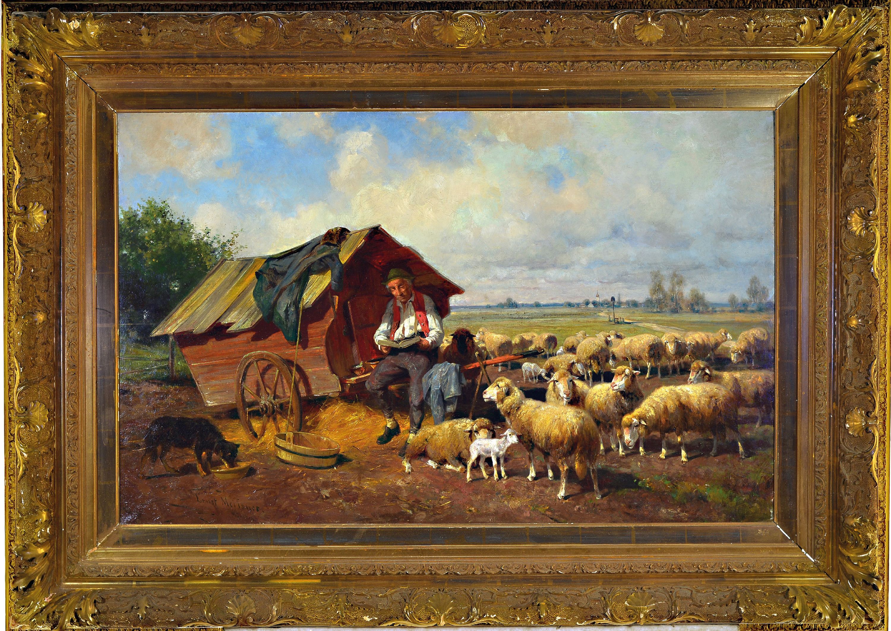 Detail k: Ernst Adolf Meissner, 1837 Dresden-1902 München, Des Schäfers Sonntagstoilette, ein auf seinem Wagen sitzender lesender Schäfer, um ihn die ...