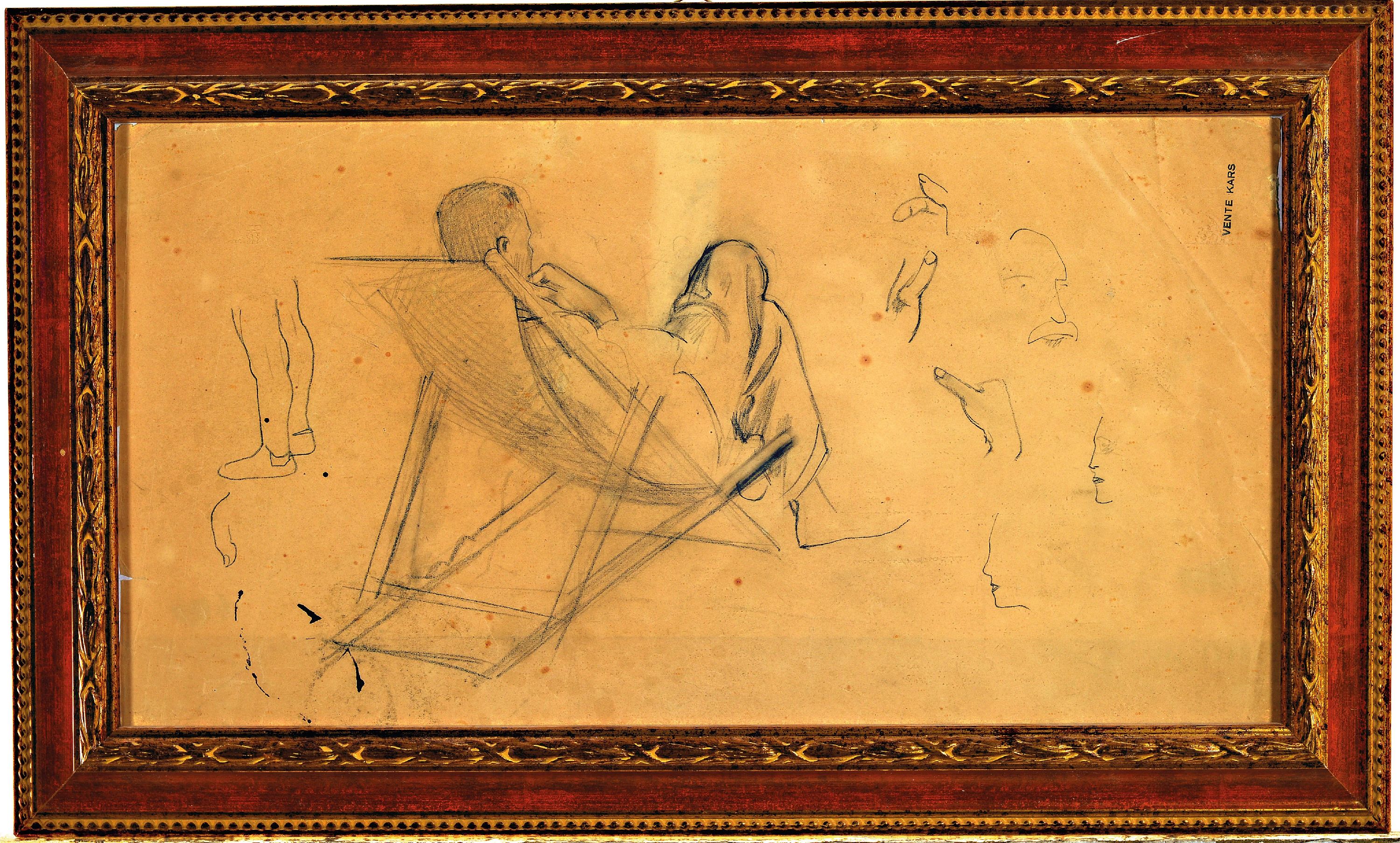 Detail k: Georges Kars, 1882 Kralupy nad Vltavou/Tschechien-1945 Genf, Blatt mit Bleistiftskizzen, Rückansicht eines Mannes mitLiegestuhl und einzele Studien, ...