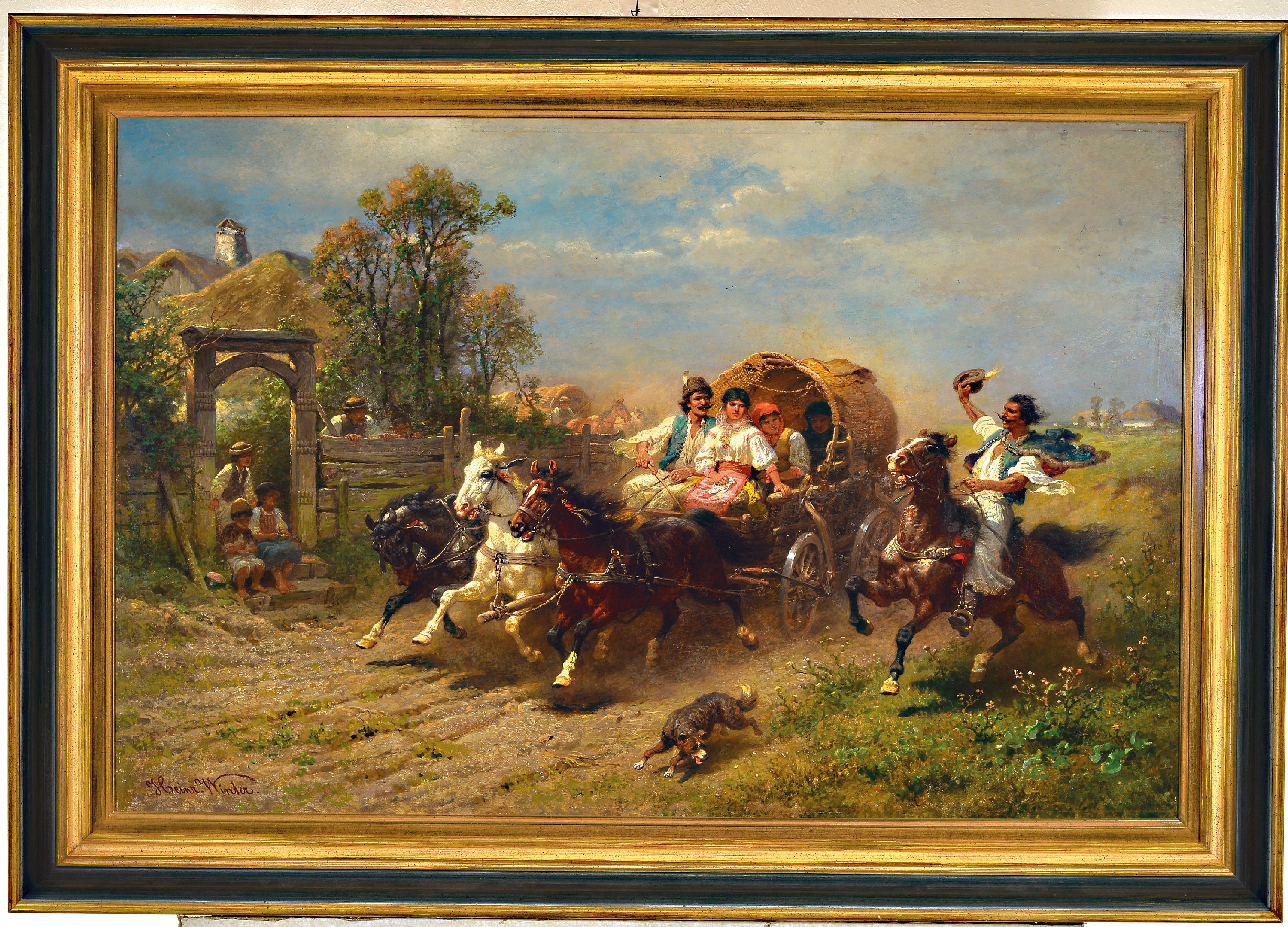 Detail k: Heinrich (Ludwig, Christian, Dietrich) Winter, 1843 Frankfurt am Main-1911 Kronberg, Personen in dreispännigem Planwagen, seitlich ein einzelner ...