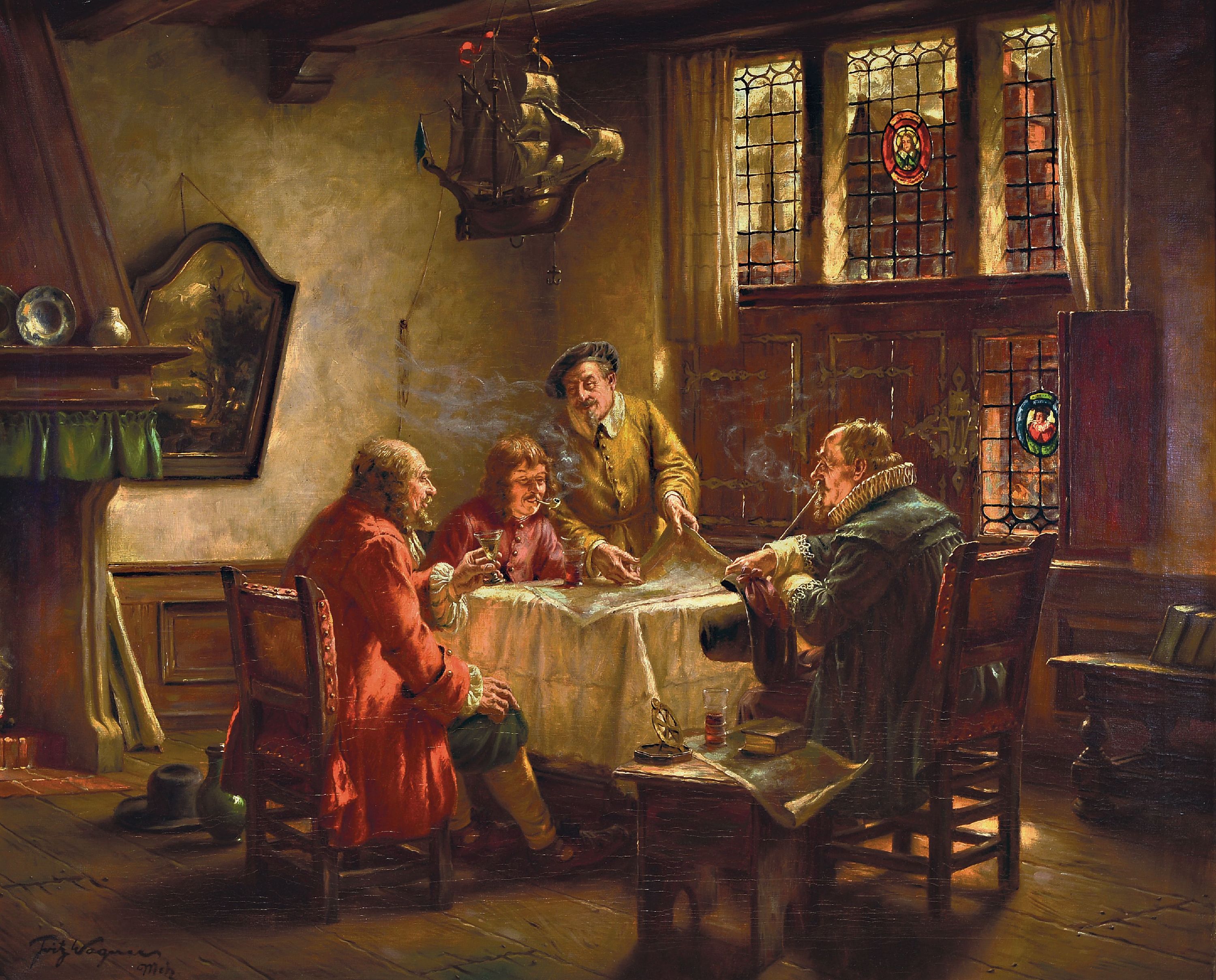 Image 26988811 - Fritz Wagner, 1896-1939 München, Rauchende Männer um einen Tisch mit einer Karte, ...