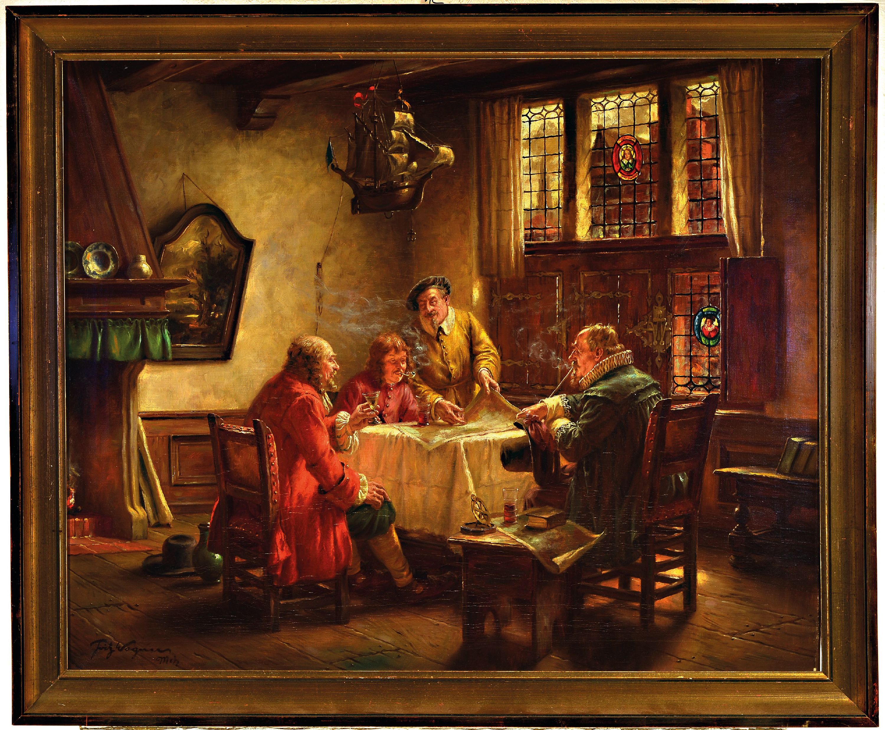 Detail k: Fritz Wagner, 1896-1939 München, Rauchende Männer um einen Tisch mit einer Karte, Öl/Lwd, links unten sign. und bez. , ca. 70x85cm, Rahmen ca. ...