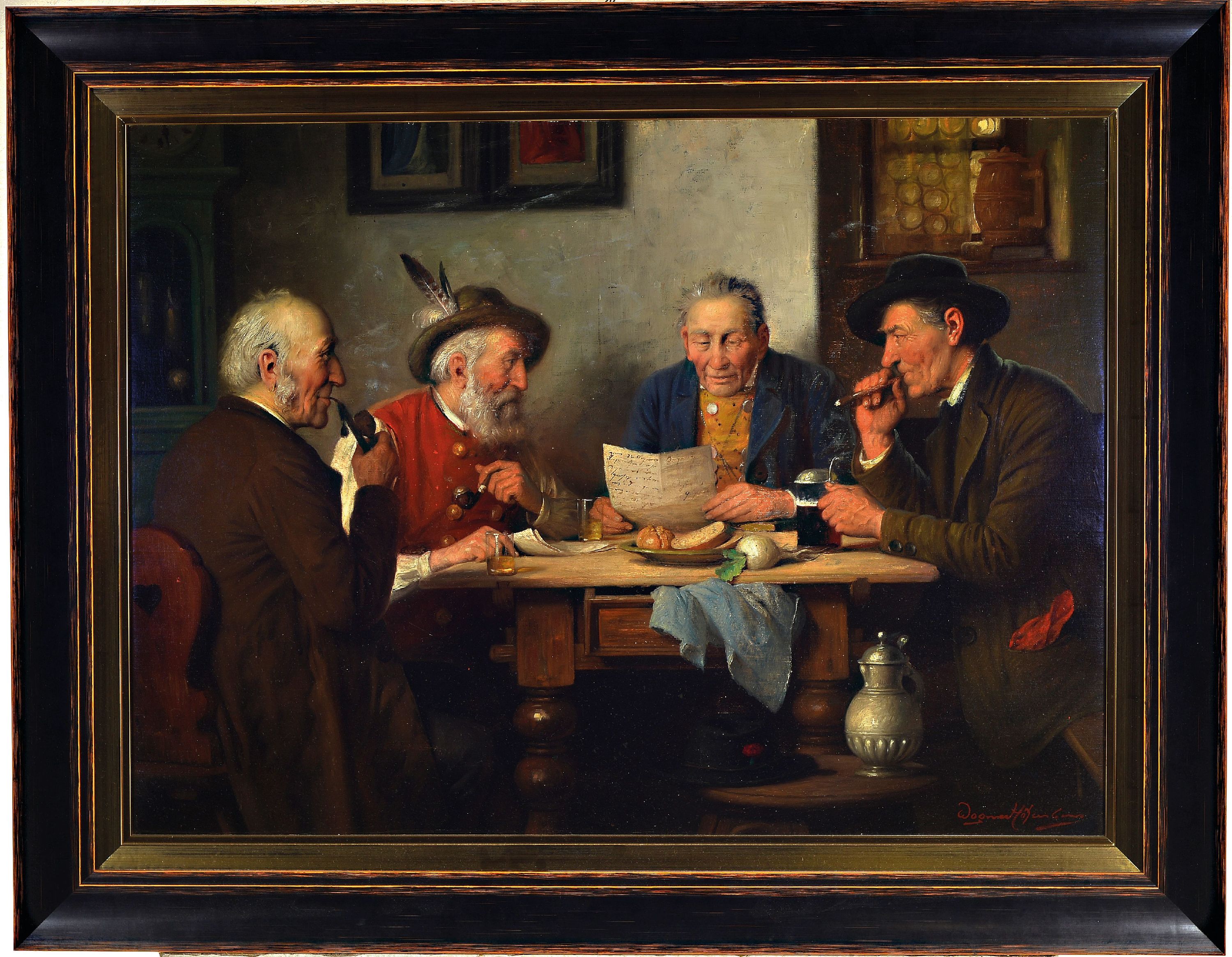 Detail k: Josef Wagner-Höhenberg, 1870-1939, Vier alte Männer um den Tisch in einer Bauernstube, Öl/Lwd, rechts unten sign., ca. 63x86cm, R. ca. 82x104cm