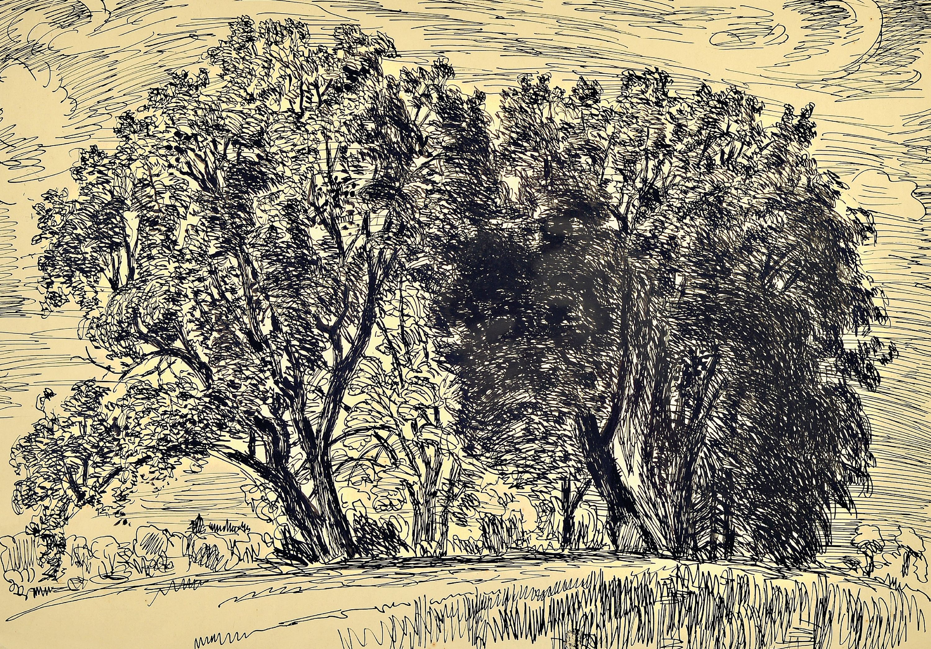 Detail b: Rudi Baerwind, 1910 Mannheim bis 1983, 3 Tuschezeichnungen, Auenlandschaften an der Seine, frühe Arbeiten von 1943, alle monogr., 2 x unleserlich ...