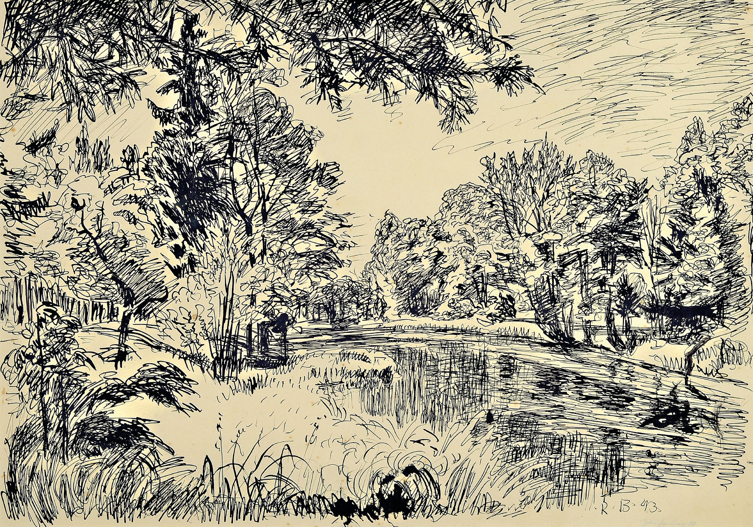 Detail c: Rudi Baerwind, 1910 Mannheim bis 1983, 3 Tuschezeichnungen, Auenlandschaften an der Seine, frühe Arbeiten von 1943, alle monogr., 2 x unleserlich ...