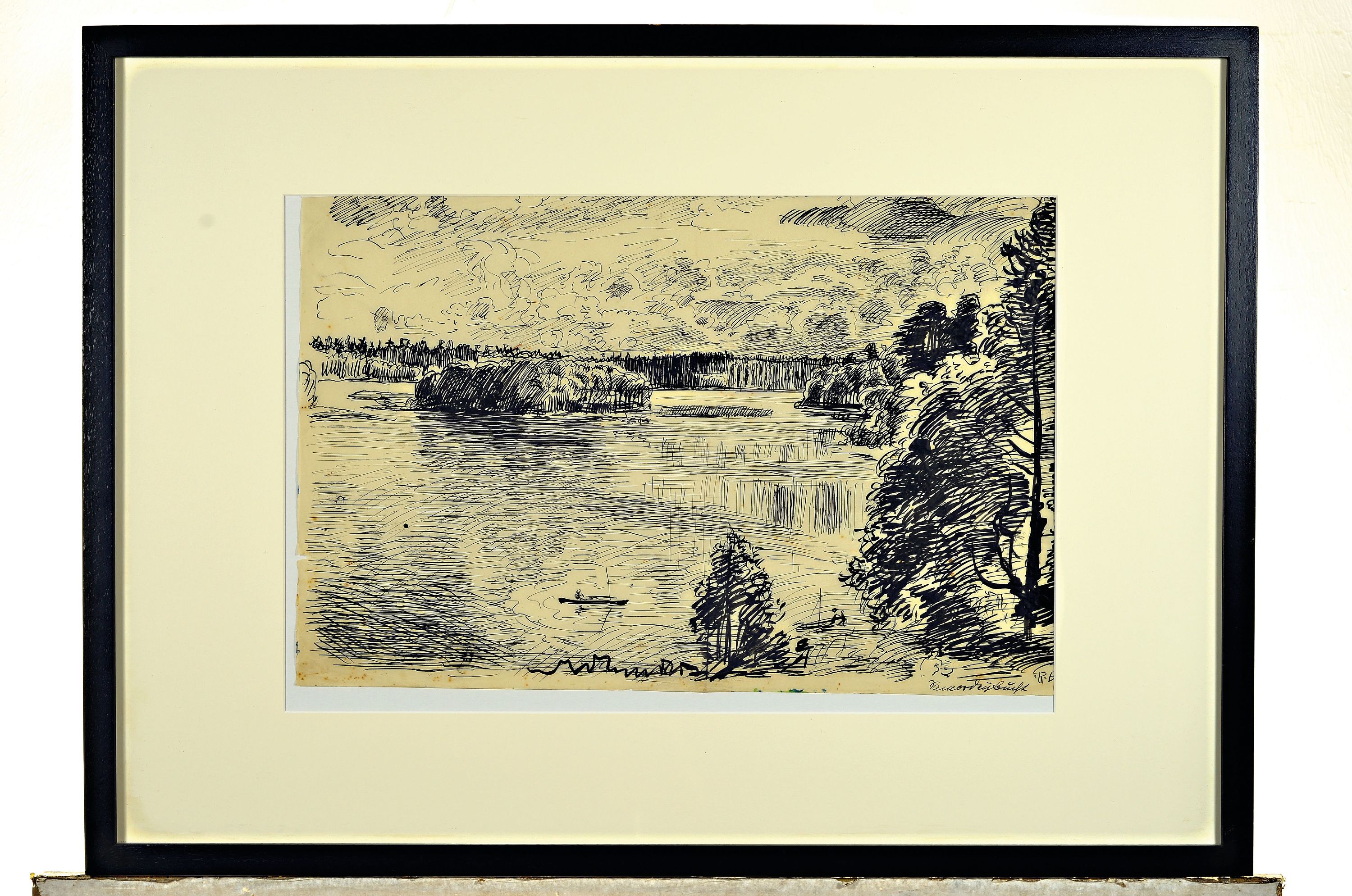 Detail k: Rudi Baerwind, 1910 Mannheim bis 1983, 3 Tuschezeichnungen, Auenlandschaften an der Seine, frühe Arbeiten von 1943, alle monogr., 2 x unleserlich ...