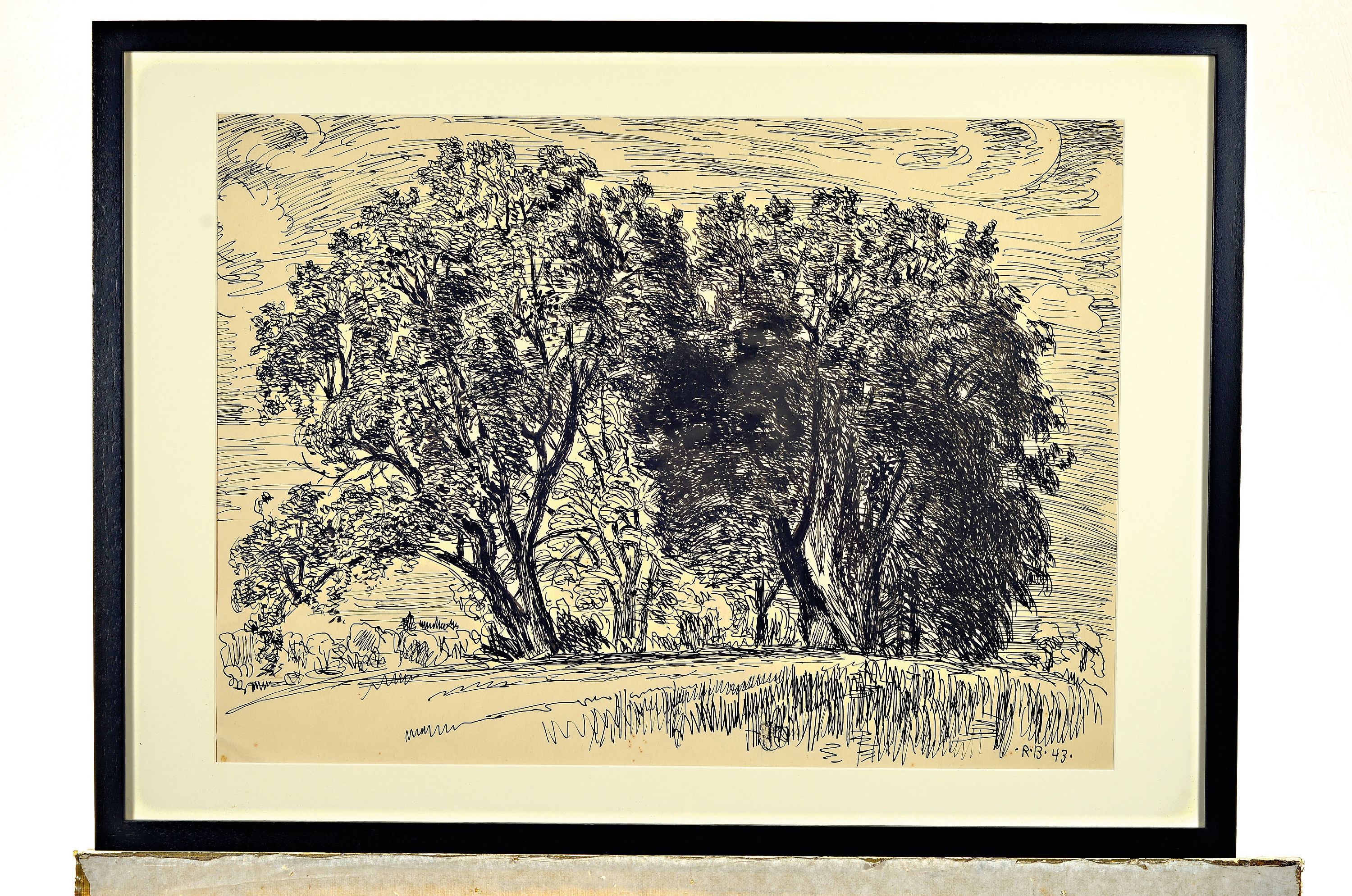 Detail m: Rudi Baerwind, 1910 Mannheim bis 1983, 3 Tuschezeichnungen, Auenlandschaften an der Seine, frühe Arbeiten von 1943, alle monogr., 2 x unleserlich ...