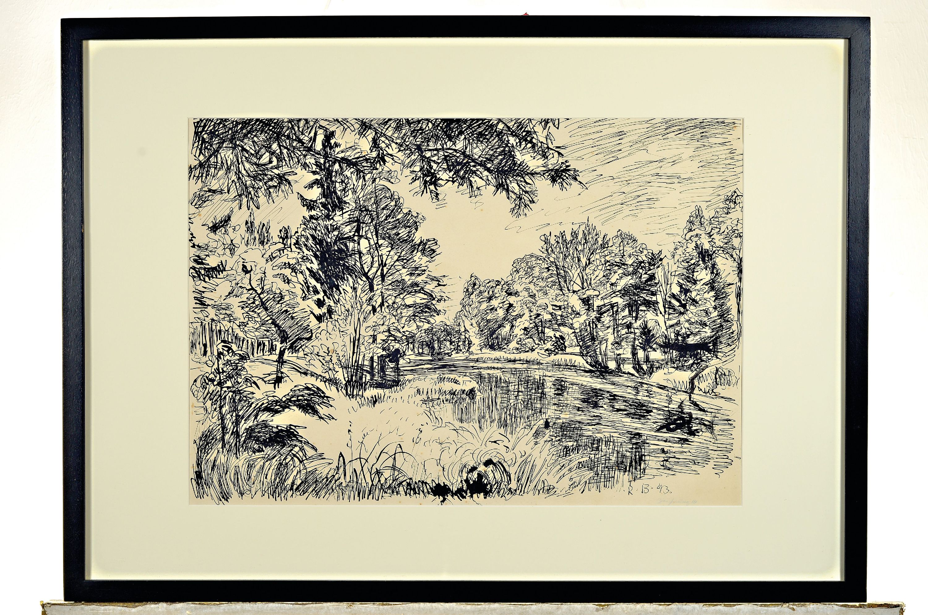 Detail n: Rudi Baerwind, 1910 Mannheim bis 1983, 3 Tuschezeichnungen, Auenlandschaften an der Seine, frühe Arbeiten von 1943, alle monogr., 2 x unleserlich ...