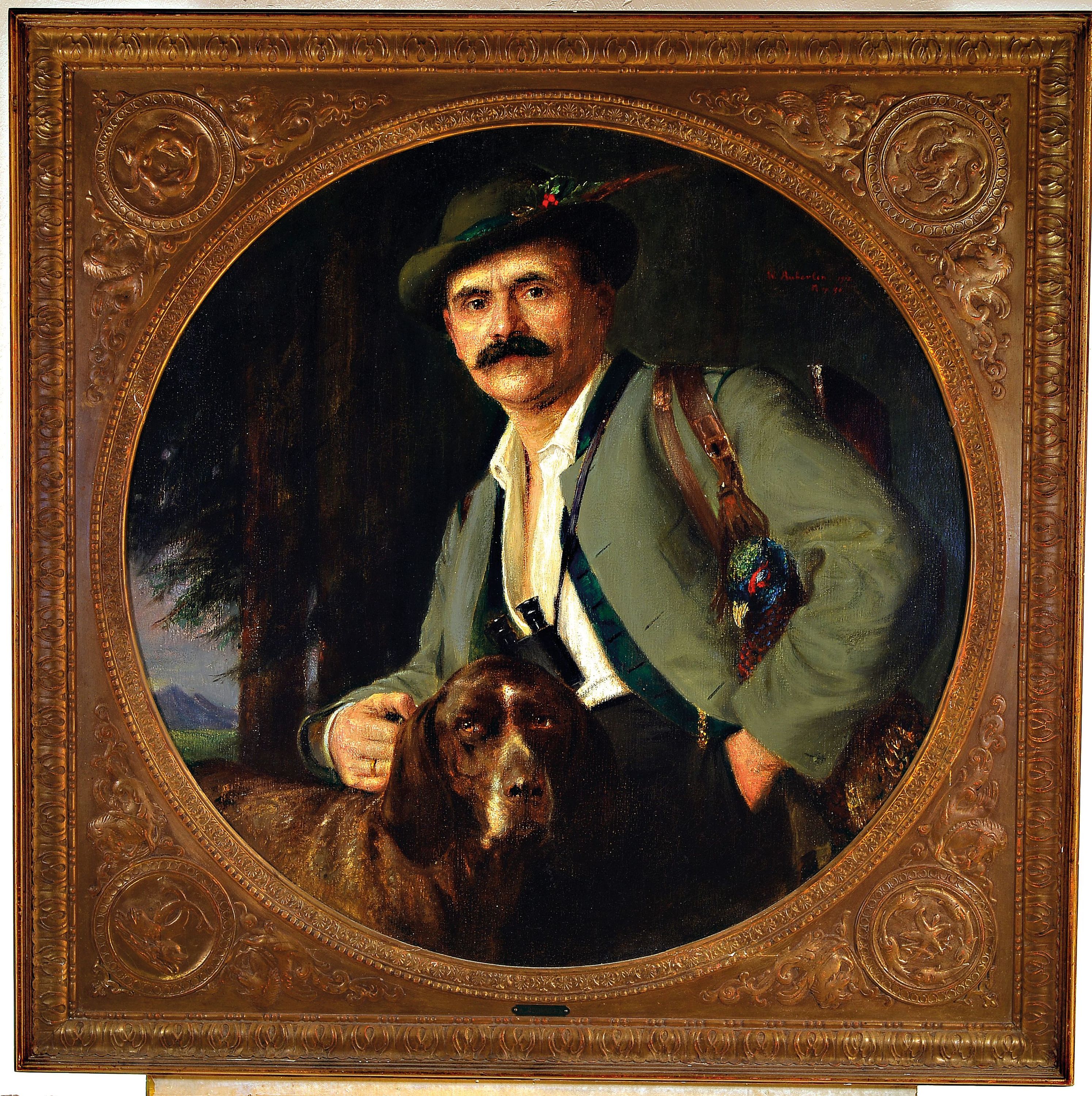 Detail k: Wilhelm Auberlen, 1860 Stuttgart-1948 Lenggries, Porträt eines Jägers mit seinem Hund, Öl/Lwd, qualitätvolle Malerei mit guter Lichtsetzung und ...