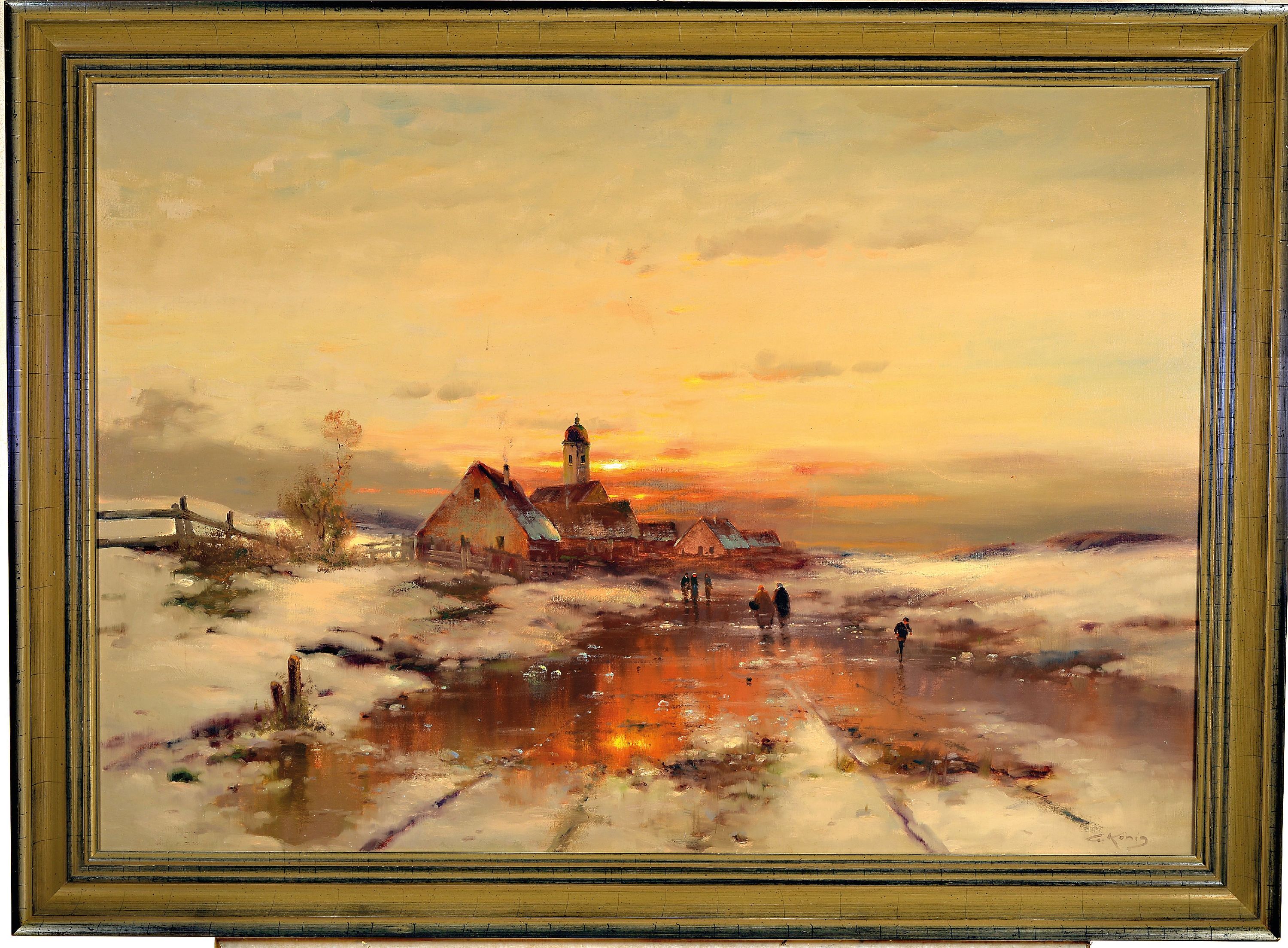 Detail k: Günther König, geb. 1926 Düsseldorf, Weite Winterlandschaft im Abendrot, Personen auf dem Weg zum Dorf, Öl/Lwd, sign., ca. 70x100cm, R. ca. ...