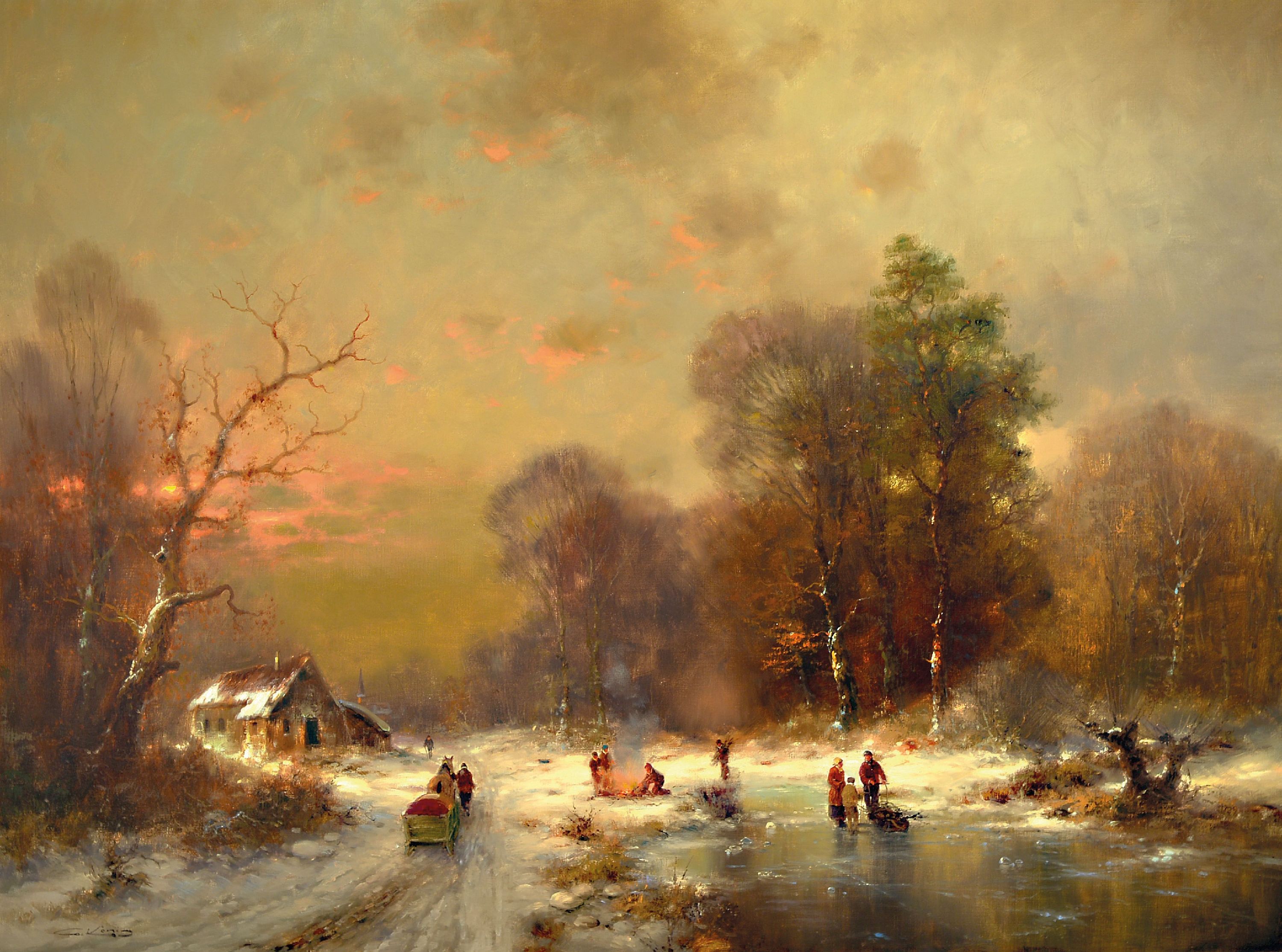 Image 26988843 - Günther König, geb. 1926 Düsseldorf, Weite Winterlandschaft im Abendrot, Personen auf ...