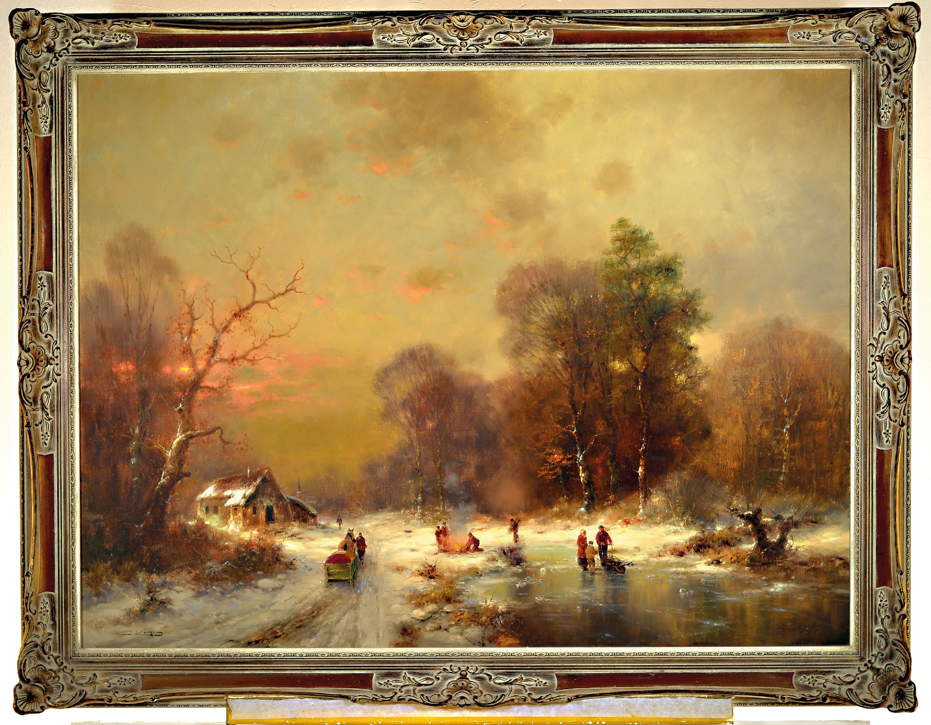 Detail k: Günther König, geb. 1926 Düsseldorf, Weite Winterlandschaft im Abendrot, Personen auf dem Eis, im Schnee und am offenen Feuer, Öl/Lwd, links ...