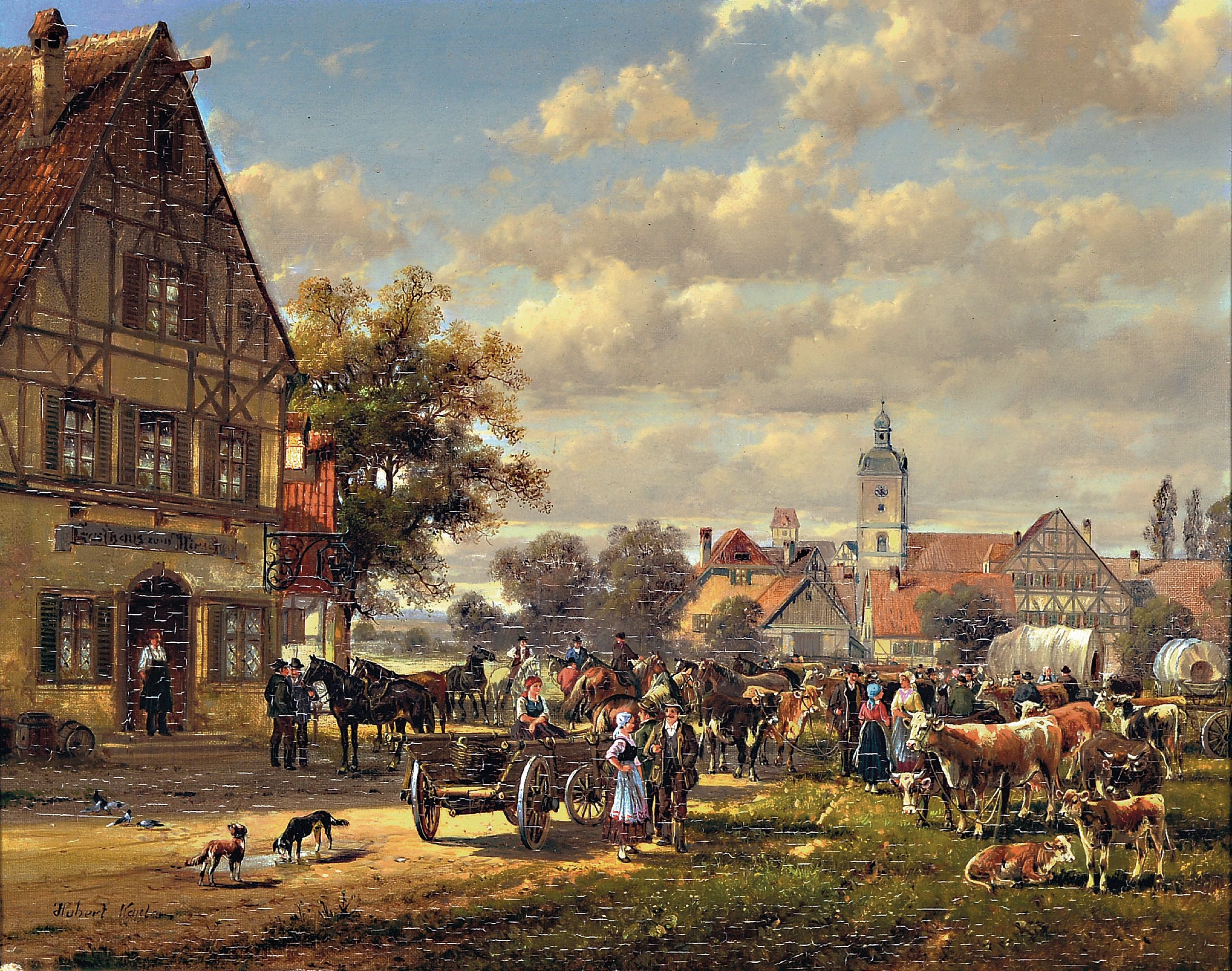 Hubert Kaplan, geb. 1940 München, Viehmarkt vor der Stadt, vielfigurige Szene mit detailreicher Schilderung auf einem Platz vor einem Gasthaus, ...