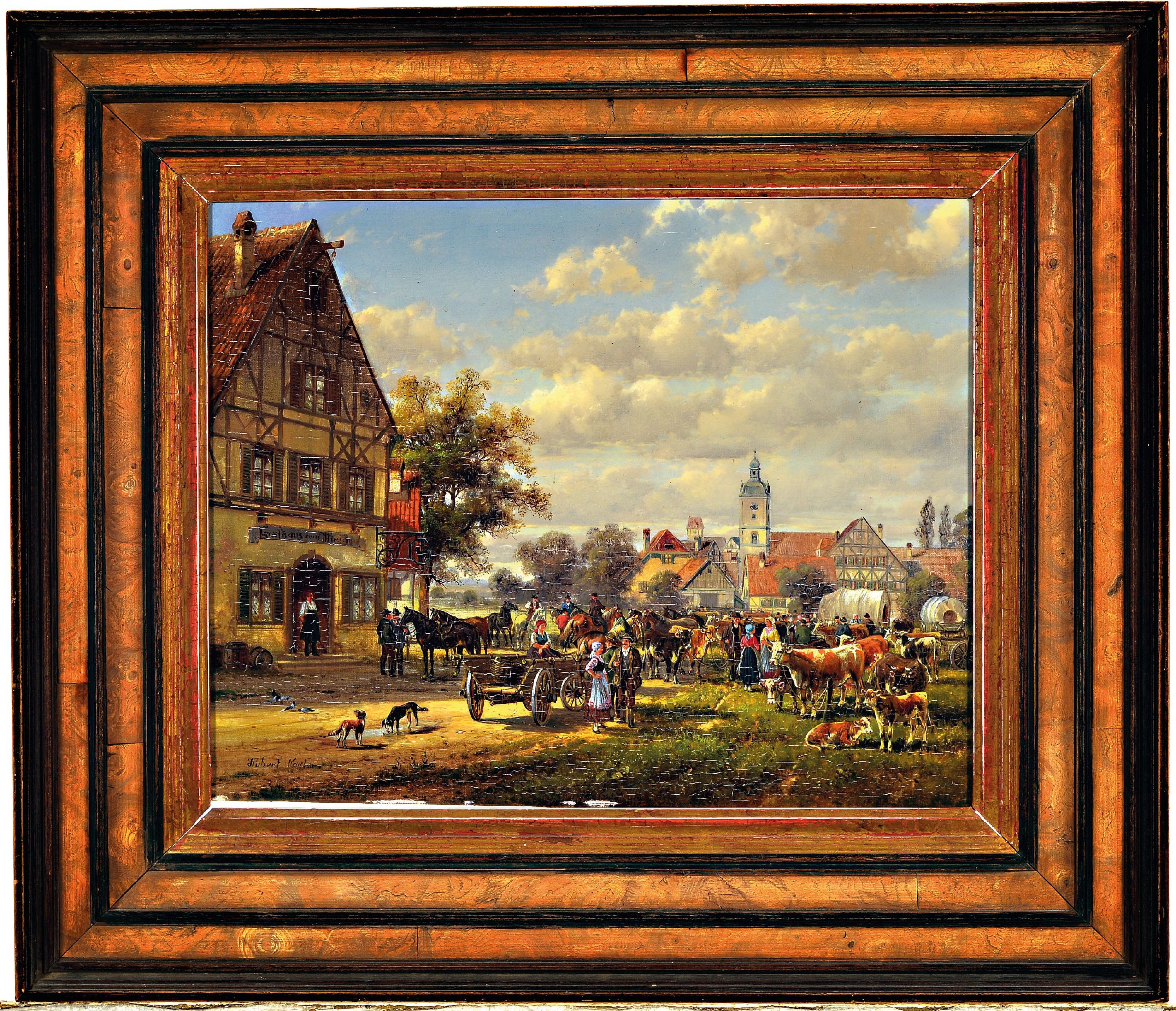 Detail k: Hubert Kaplan, geb. 1940 München, Viehmarkt vor der Stadt, vielfigurige Szene mit detailreicher Schilderung auf einem Platz vor einem Gasthaus, ...