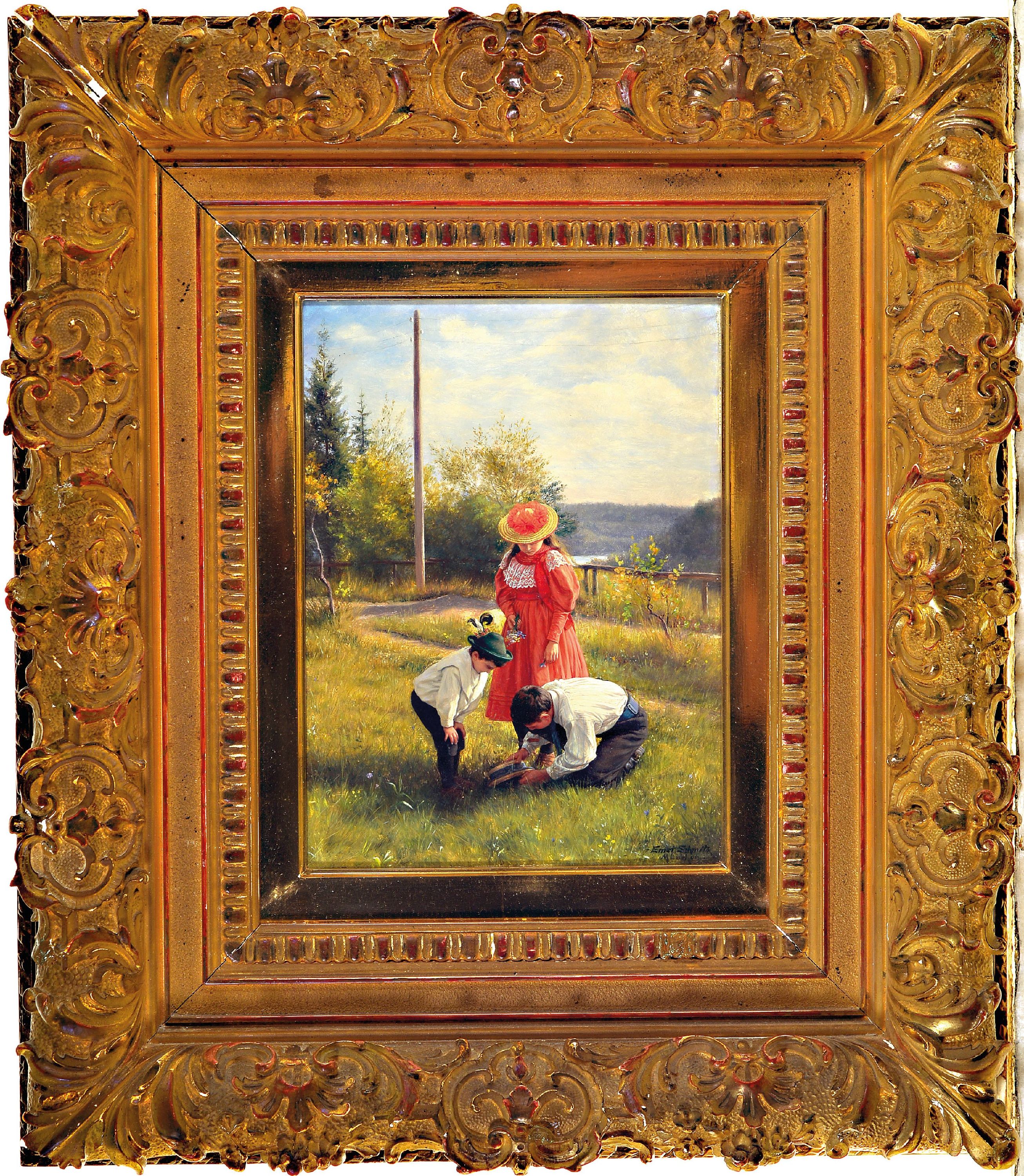 Detail k: Ernst Schmitz, 1859 Düsseldorf-1917 München, Drei Kinder beim Spielen auf einer Wiese, feine detailreiche Malerei, einer der Jungen fängt ein ...