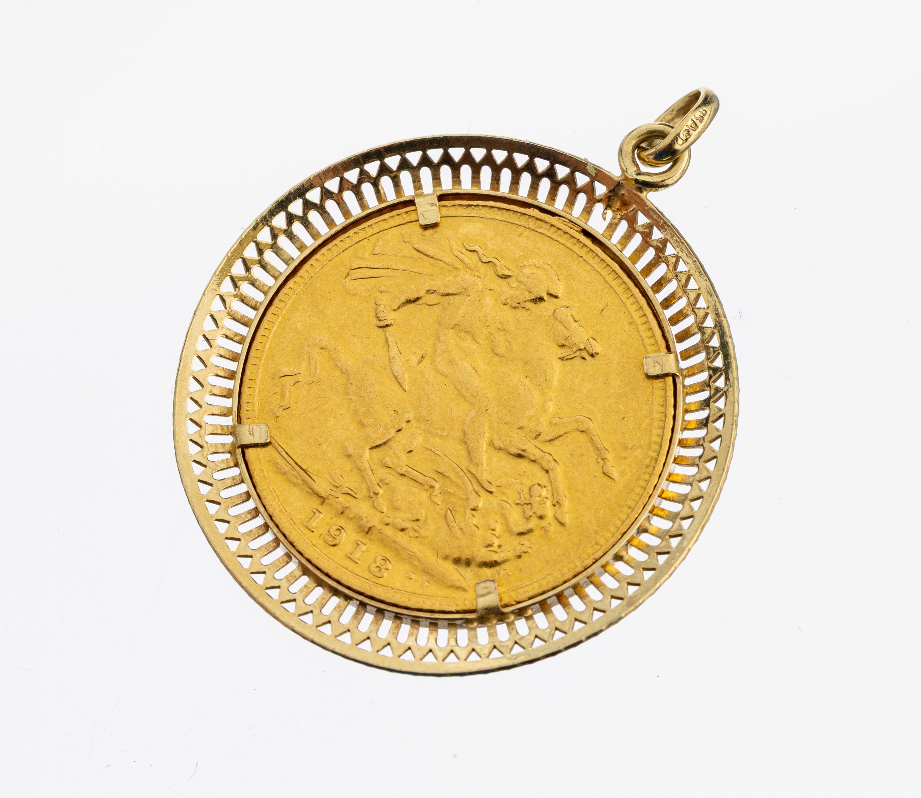 14 kt Gold Münz-Anhänger, GG 585/000, lose gefasste Goldmünze, Sovereign, 1918, Georg V.,schlichte Rahmung, D. ca. 3 cm, ca. 10.1 g