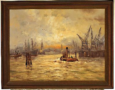 26988800k - Adolf Rheinert, 1879-1958, Sonnenaufgang im Hafen, Öl/Malkarton, links unten sign., ...