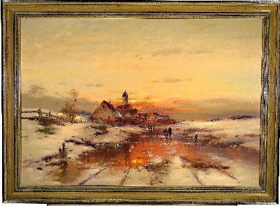 26988842k - Günther König, geb. 1926 Düsseldorf, Weite Winterlandschaft im Abendrot, Personen auf ...