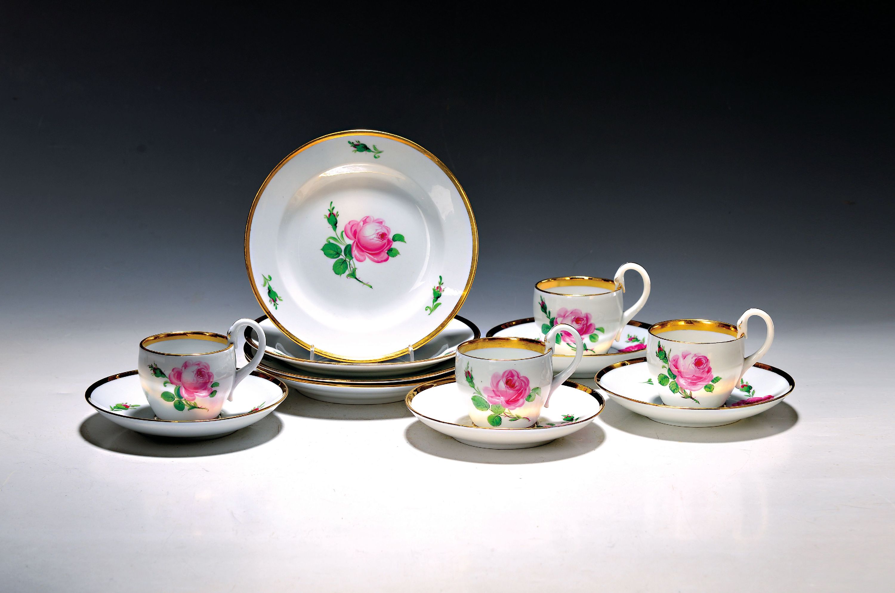 Image 26988999 - 4 Gedecke Meissener Rose mit Schwanenhenkel, Meissen, 1. Hälfte 20.Jh., Porzellan, ...