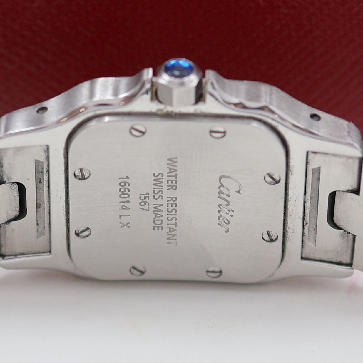 Detail d: CARTIER Damenarmbanduhr Santos Galbee Referenz 1567, Schweiz um 2006, quarz, Edelstahl/Gold kombiniert inkl. Gliederband m. dopp. Faltschl., Boden ...