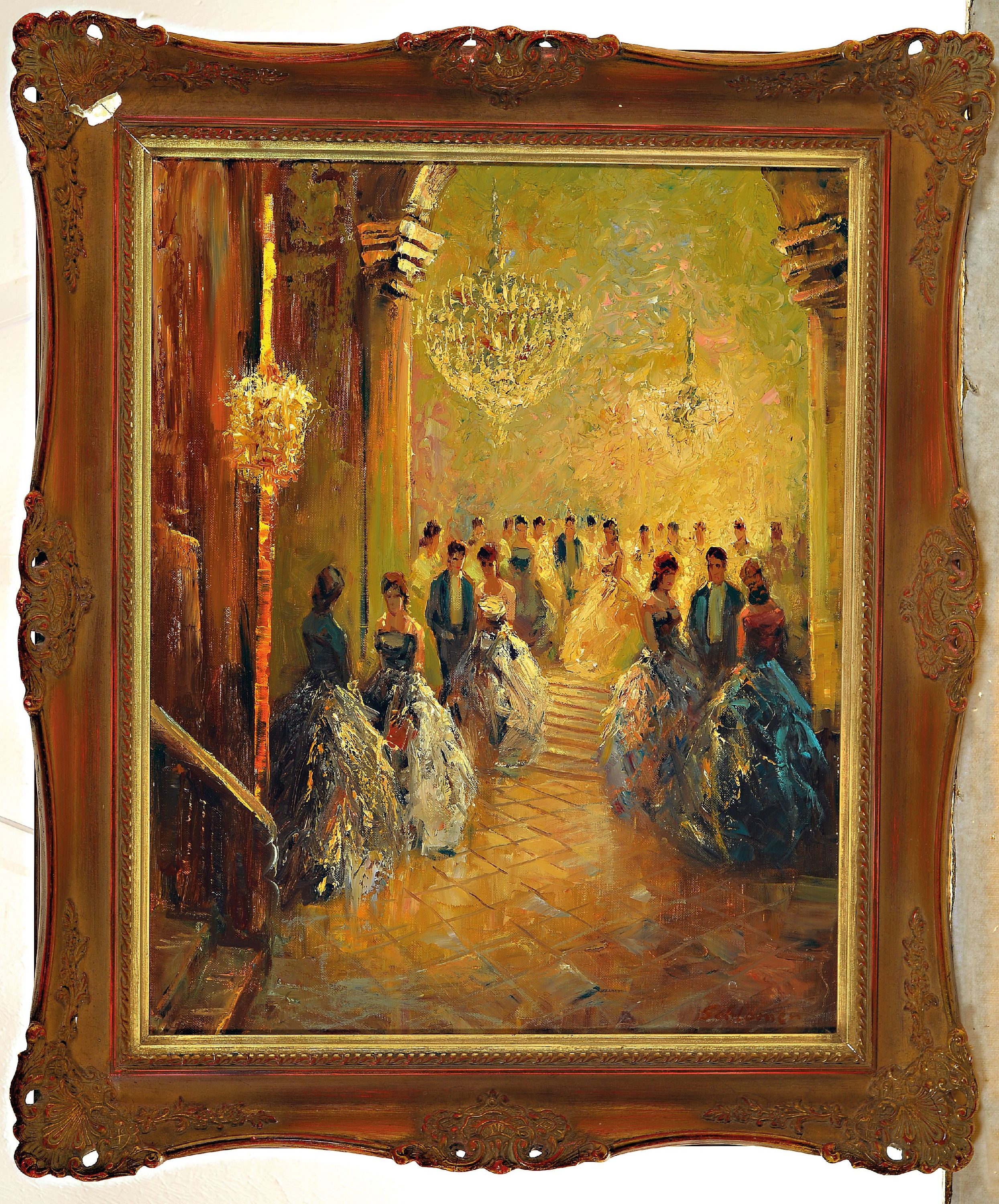 Detail k: Richard Schlomer, 1921 - 2010 München, Festgesellschaft, impressionistischer Duktus, rechts unten signiert, Öl/Leinwand, ca. 50x40 cm, Prunkrahmen ...