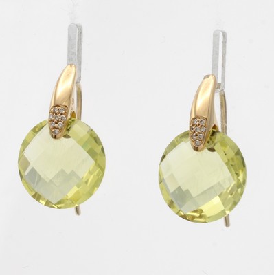 Image Paar Ohrhaken mit Lemoncitrinen und Brillanten, RG 750/000, 16 Brill. ca. 0.54 ct ...