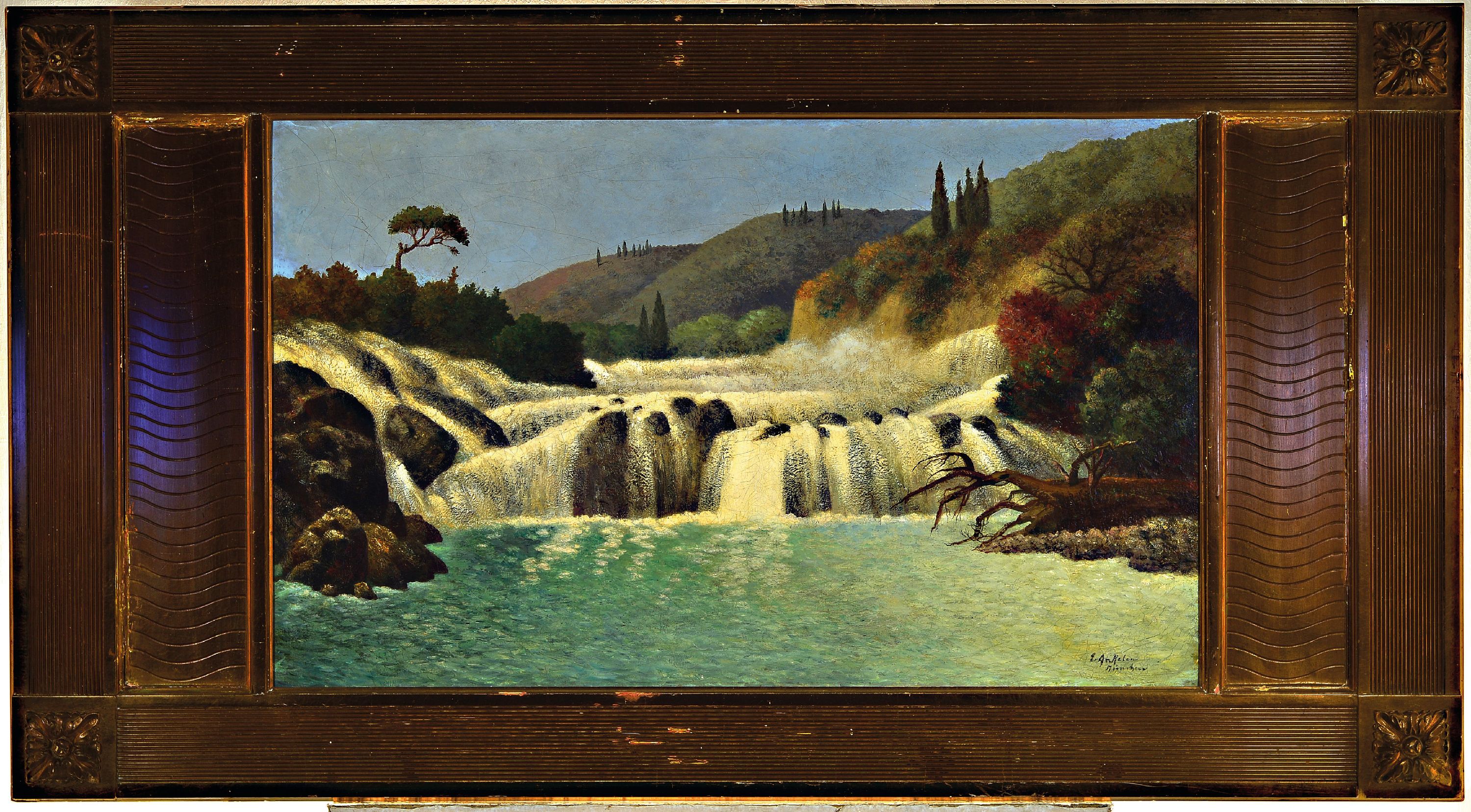 Detail k: Eugen Ankelen, 1858 Laupheim-1942 Tegernsee,Blick auf Wasserfälle in Kroatien, Öl/Lwd, rechts unten sign. und bez. München, ca. 58x 94cm, R. im ...