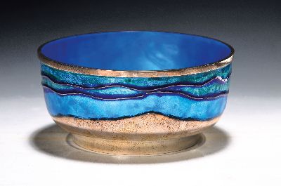 Image silver bowl with enamel decor, Georg Jensen, Denmark, 925 silver, Silver fond, interior ...