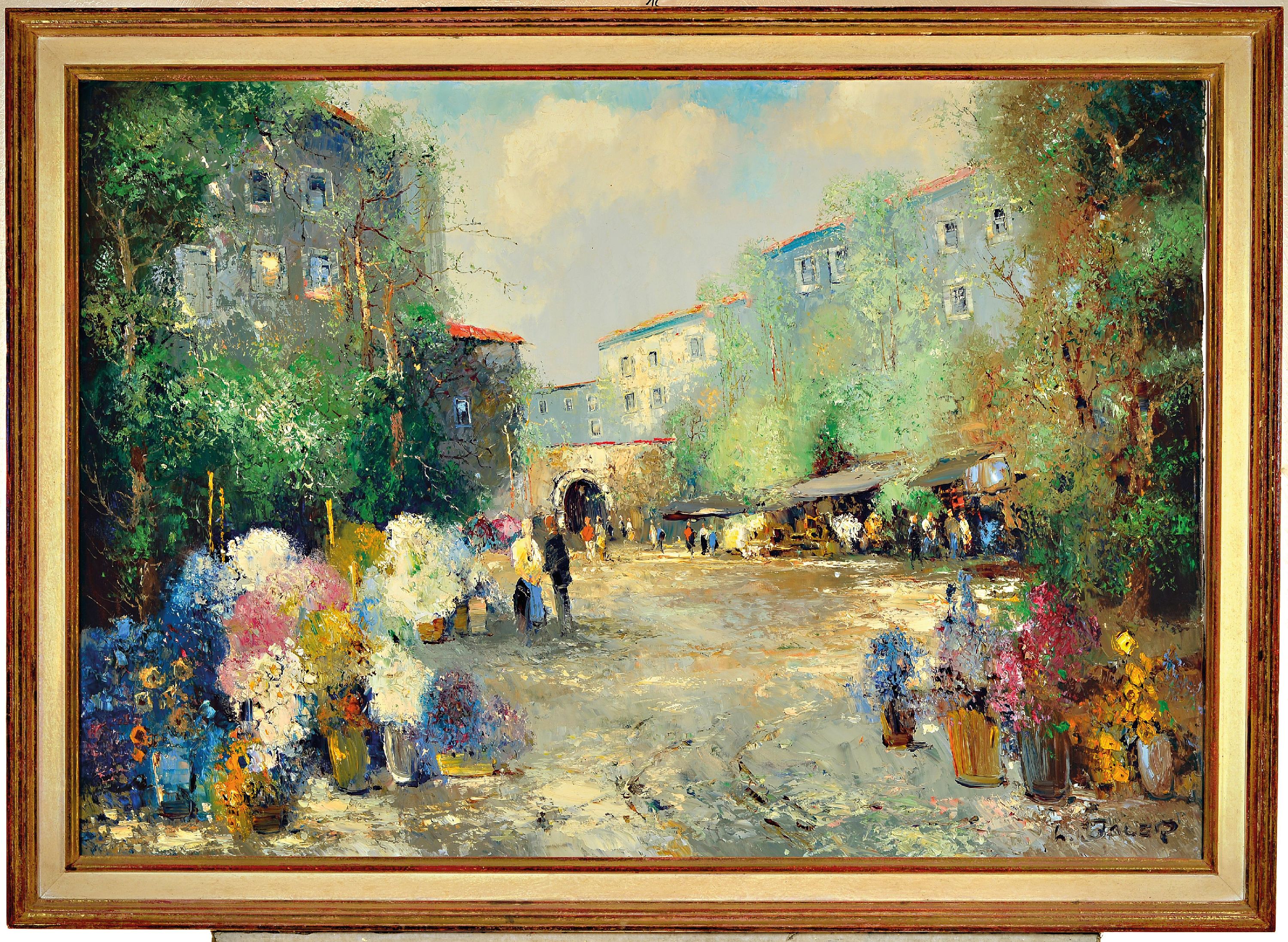 Detail k: Willi Bauer, geb. 1923 Aschaffenburg, Blumenmarkt in einer französischen Stadt, signiert, Öl/Lwd, 70x100 cm, Rahmen 80x110 cm