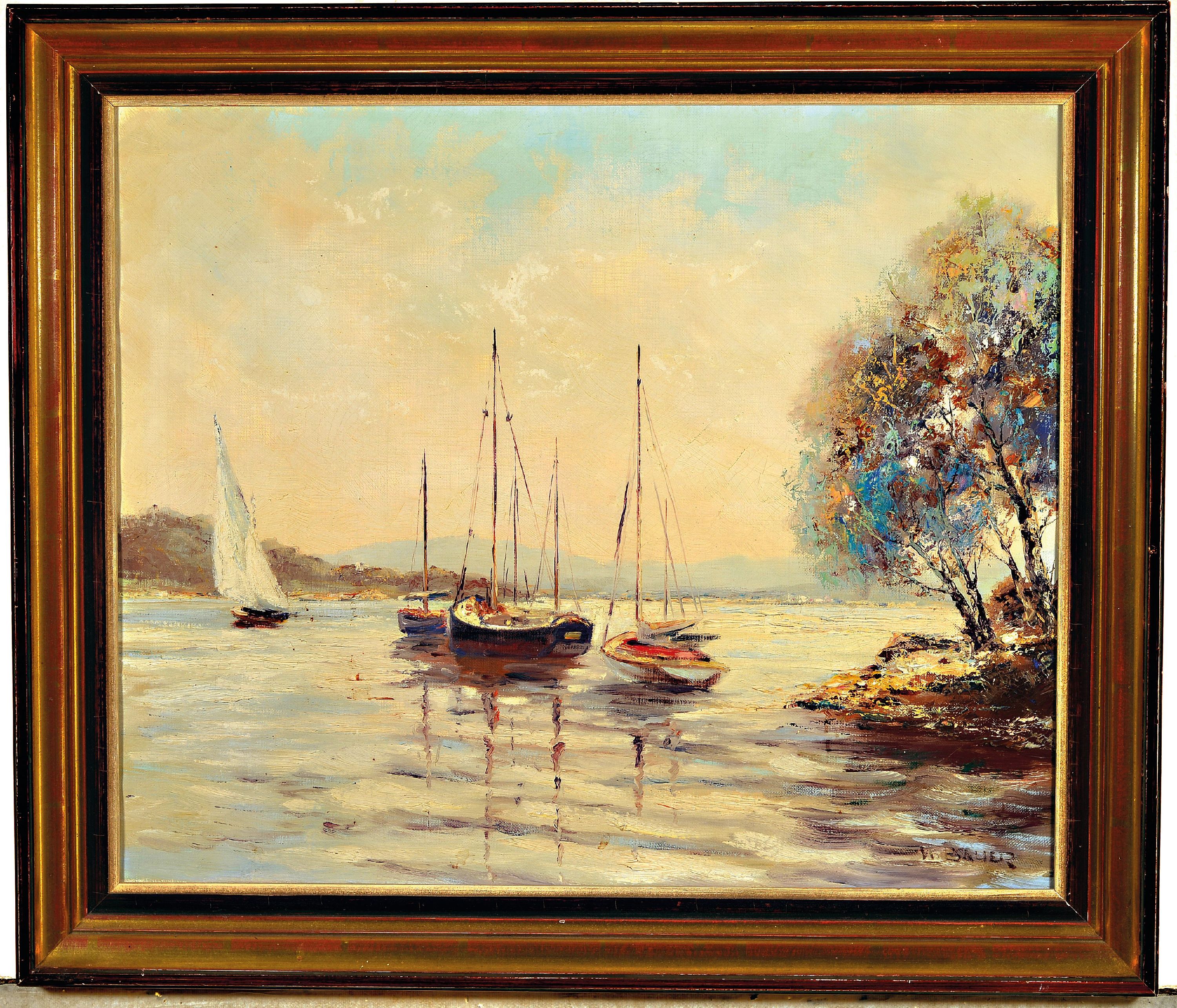 Detail k: Willi Bauer, geb. 1923 Aschaffenburg, Segelboote auf einem See, rechts unten sign., Öl/Lwd, Rahmen