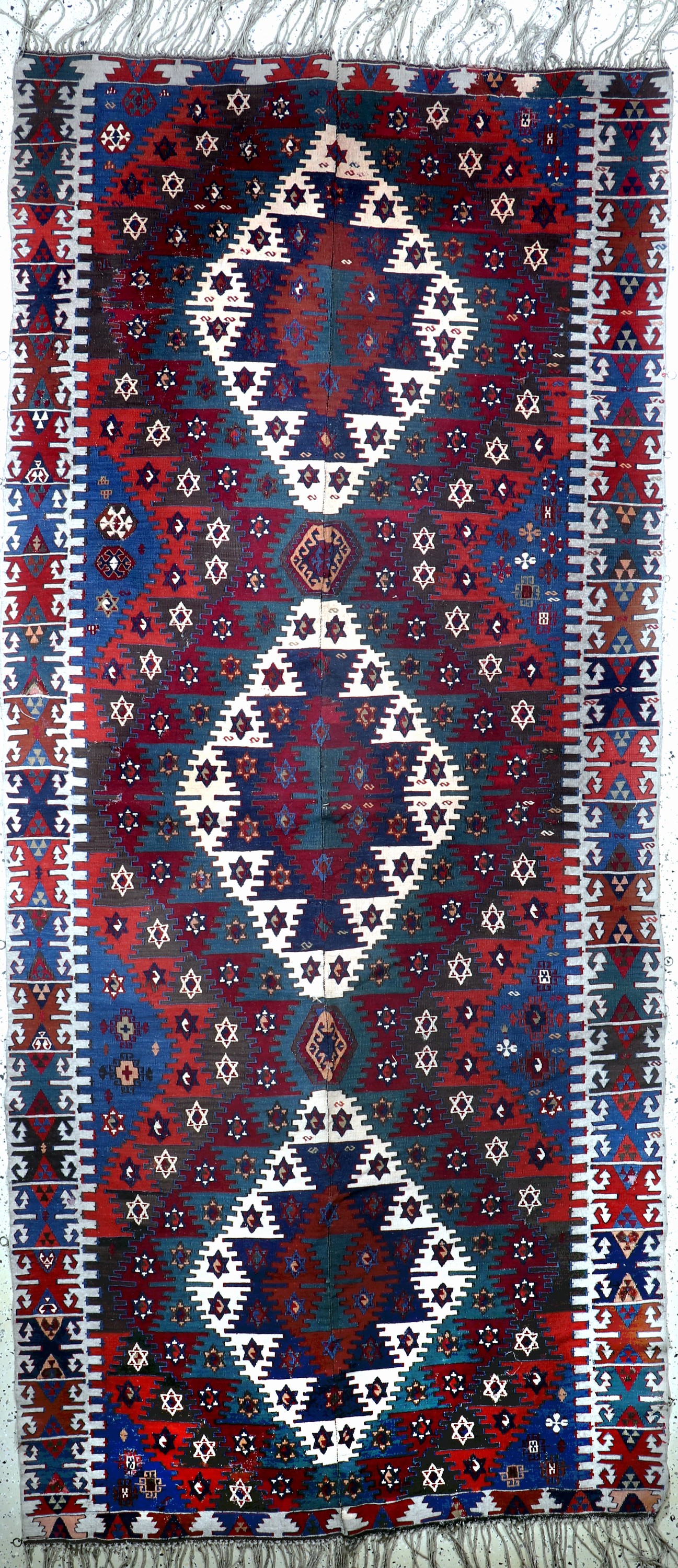 Anatol Kelim antik, Türkei, 19.Jhd, Wolle auf Wolle, ca. 357 x 161 cm, (2 Bahnig), EHZ: 2(restauriert)