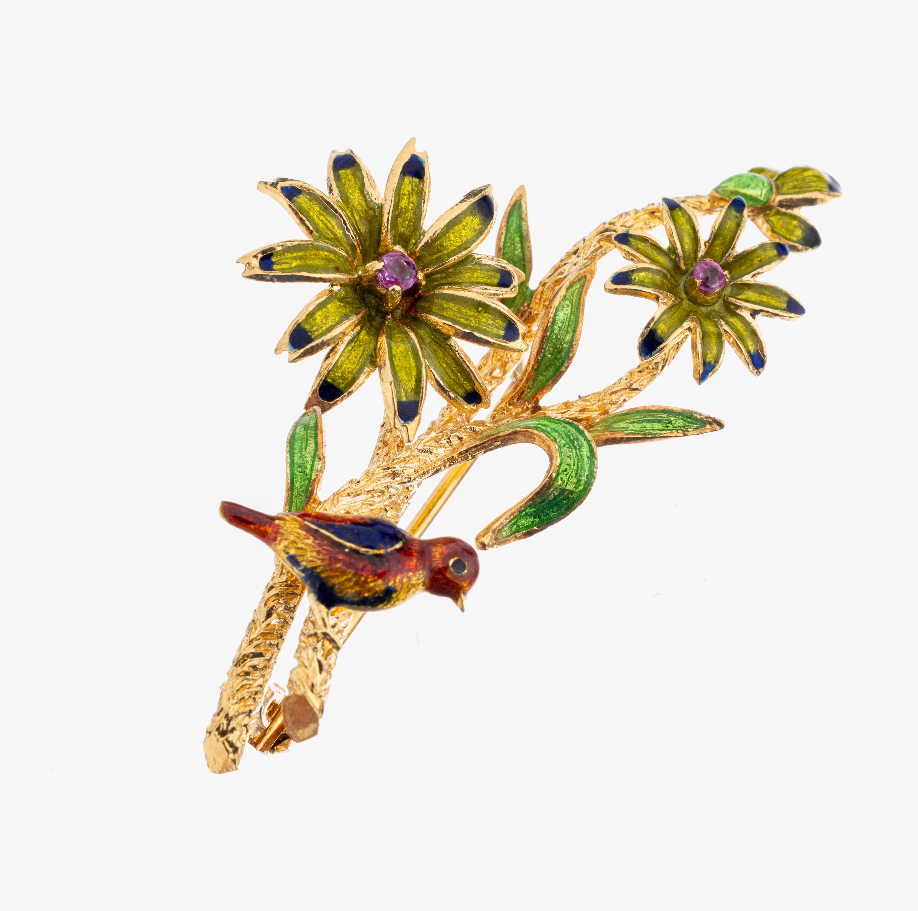 18 kt Gold Email-Brosche, GG 750/000, qualitätvolle Verarbeitung, Darstellung eines Vogels mit Blüten, part. polychromes transluzides Email, ca. 5 ...