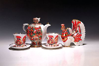 Image Serviceteile, Lomonossov, St. Petersburg, Porzellan, Dekor ´Red Rooster´, Teekanne ...