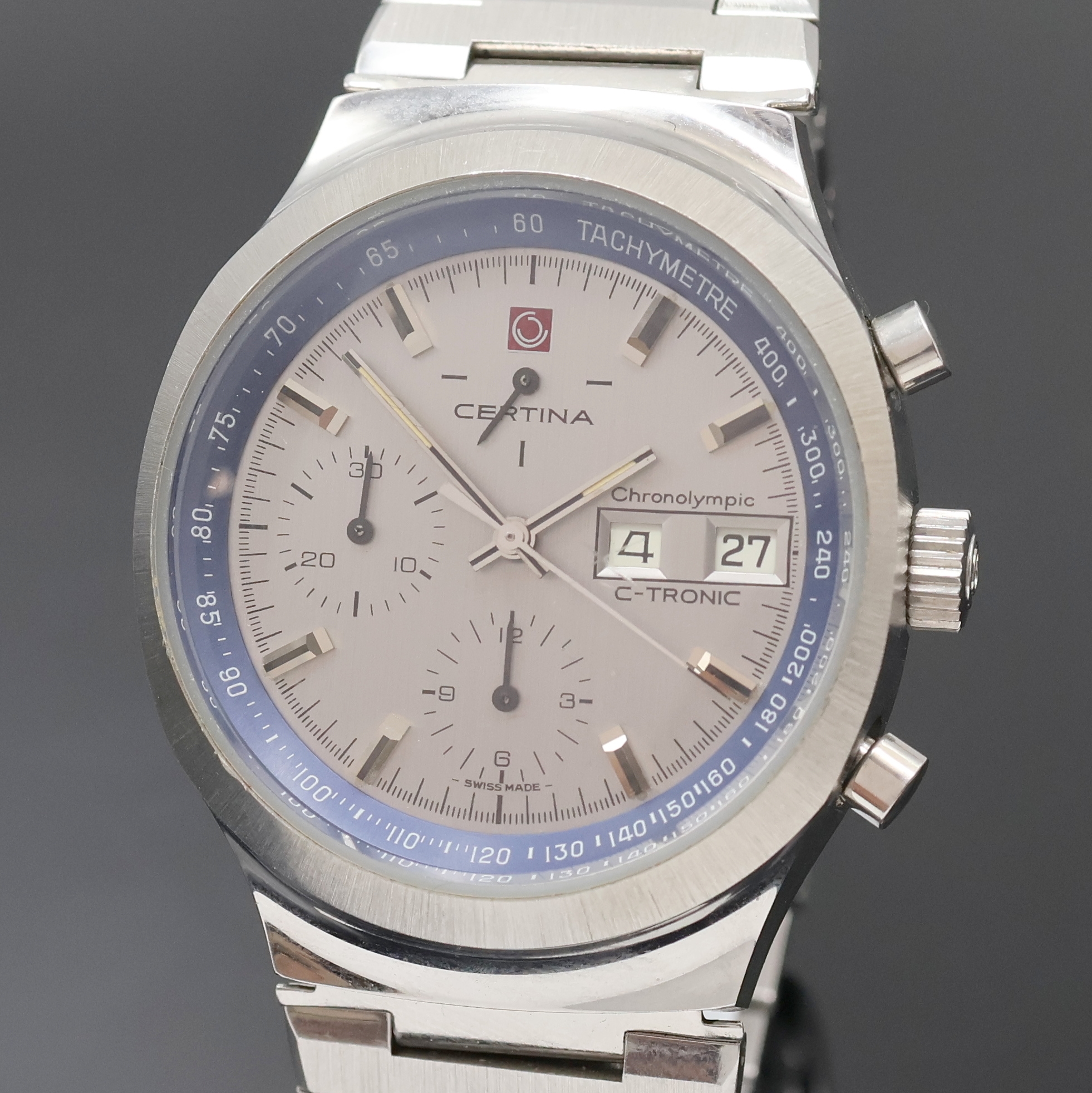 Detail a: CERTINA Chronolympic C-Tronic seltener Stimmgabel-Chronograph in Stahl Referenz 749.3754.41, Schweiz um 1970, Boden verschr., orig. Gliederband m. ...