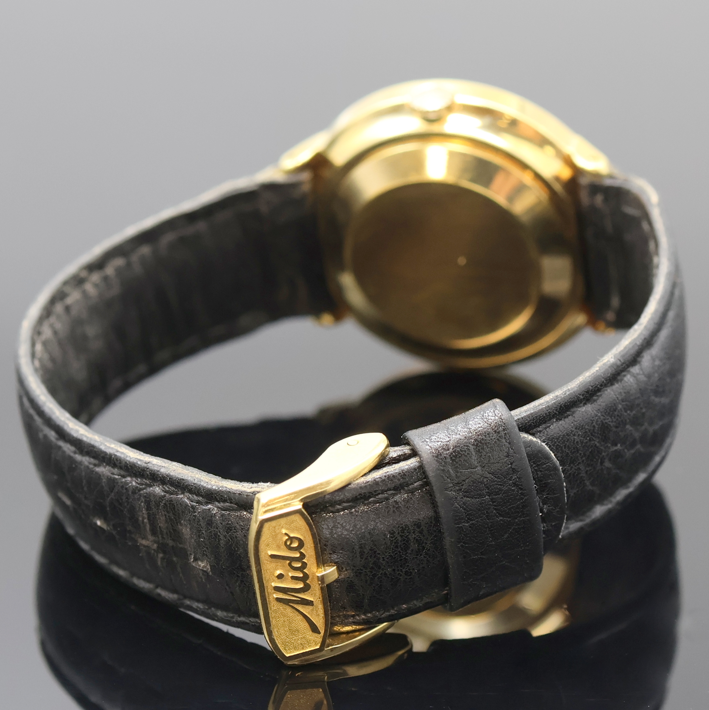 Detail b: MIDO vergoldete Herrenarmbanduhr OCEAN STAR powerwind, Automatik, Schweiz 1960er Jahre, Metall-Monocoque-Geh. hartverg., Lederband m. verg. orig. ...