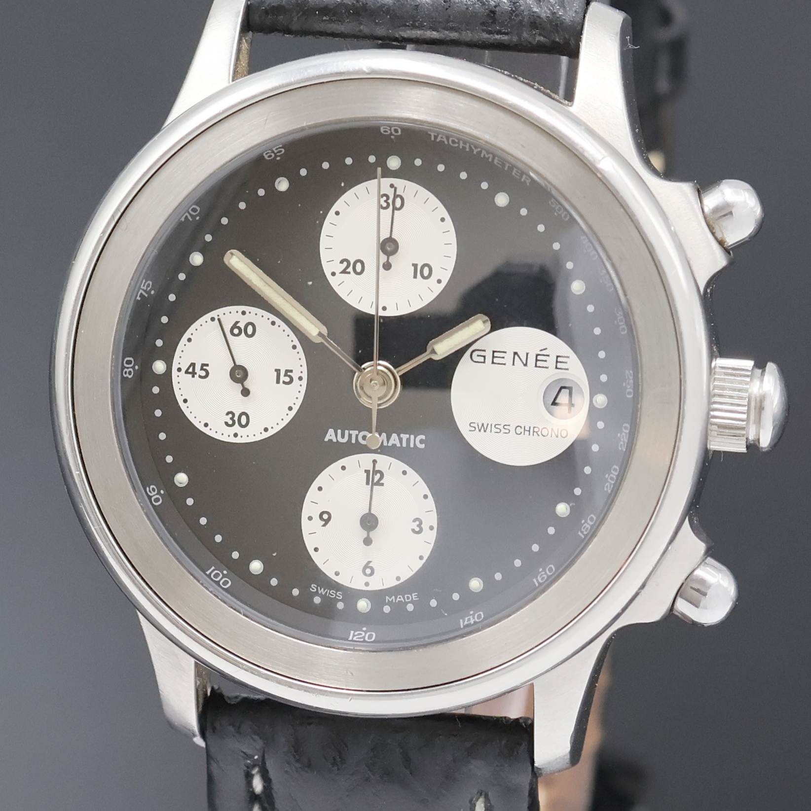 Detail a: GENÉE Armbandchronograph in Stahl, Automatik, Schweiz um 1990, Boden verschr., schwarzes Zifferbl. m. silb. Hilfsblättern, Anz. v. Std., Min., kl. ...