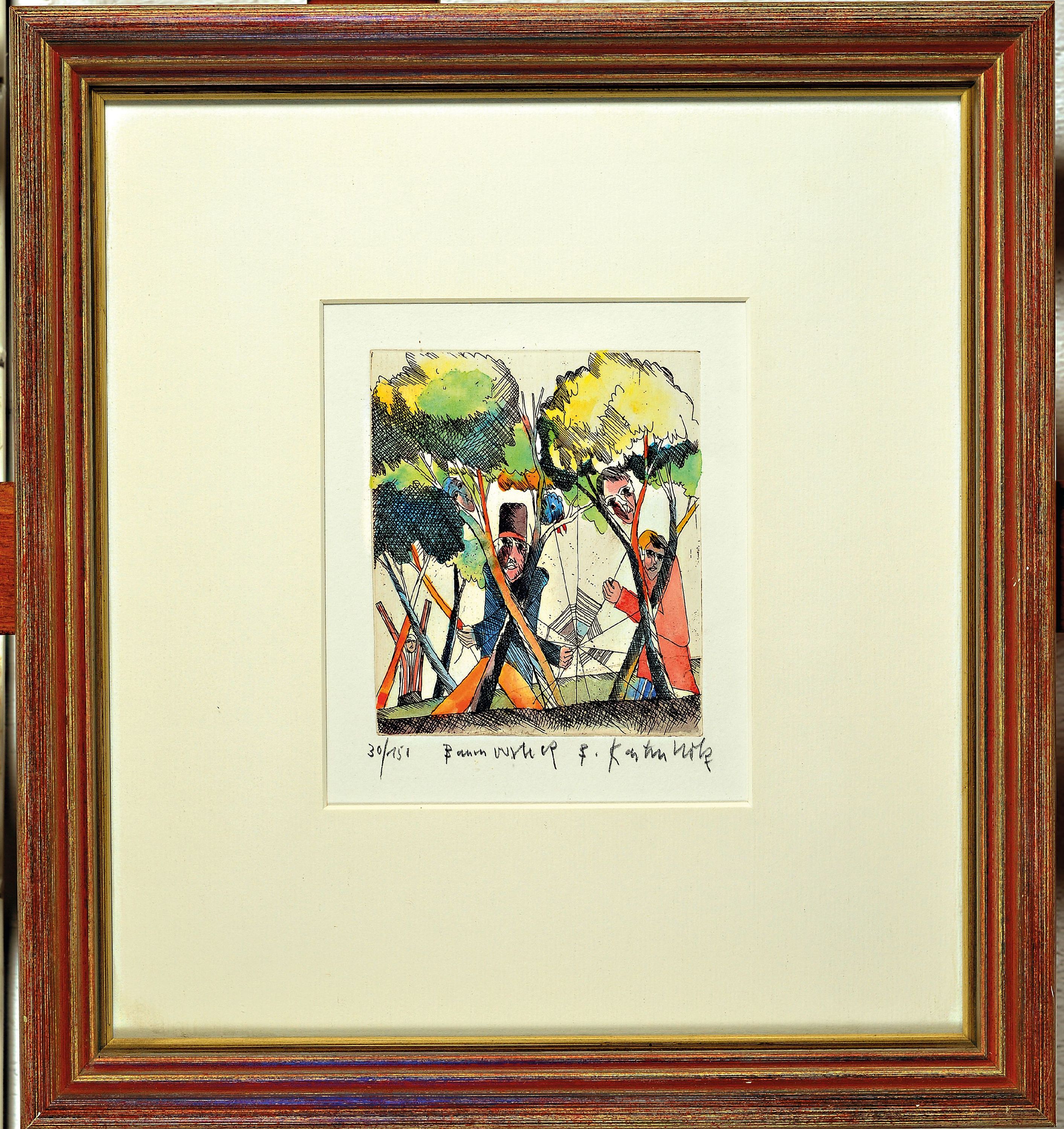 Detail k: Bernd Kastenholz, geb. 1949 Speyer, aquarellierte Radierung, Ed. 30/150, Platte 12,5x11 cm, unter Glas gerahmt 37x34 cm