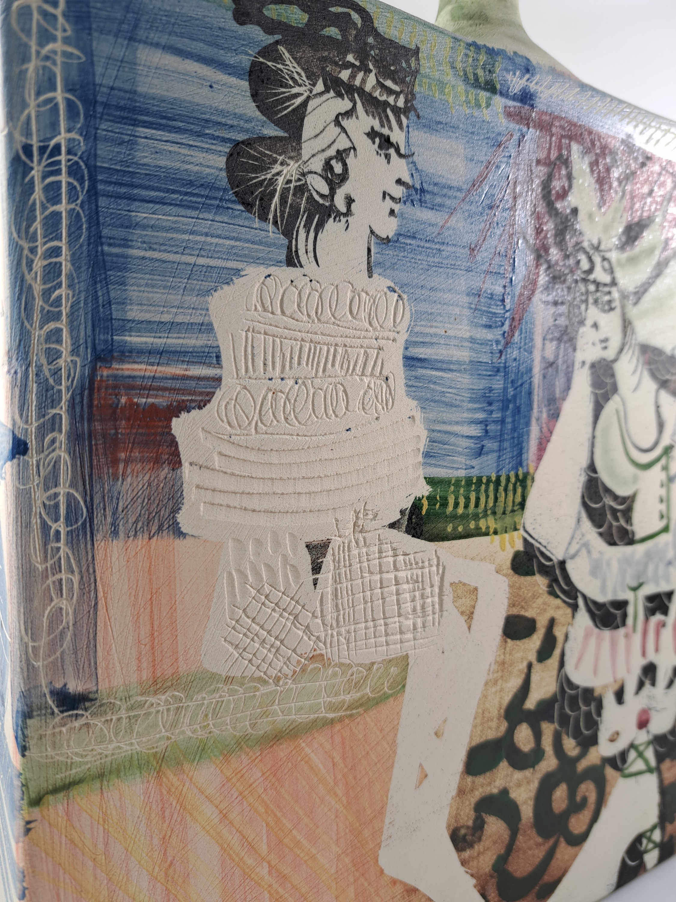Detail h: Gilbert Portanier, 1926 Cannes-2023 Vallauris , weißer Ton, handbemalt und mit Ritzdekor versehen, Figurenkomposition in ...