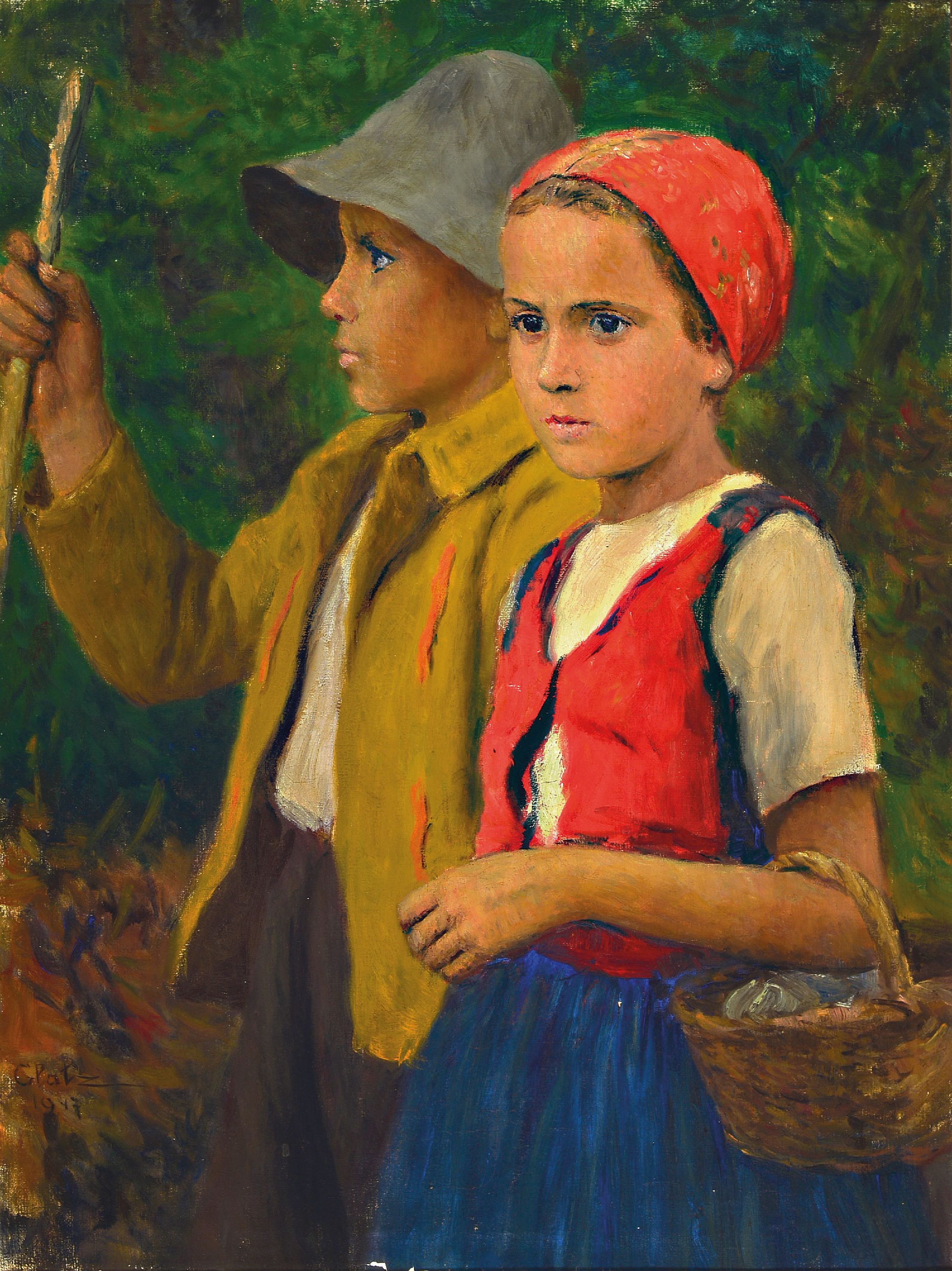 Oscar Glatz, 1872-1958 Budapest, Junge mit Stock und Mädchen mit Korb im Wald, Öl/Lwd, links unten sign. und dat. 1947, am unteren Rand mit ...