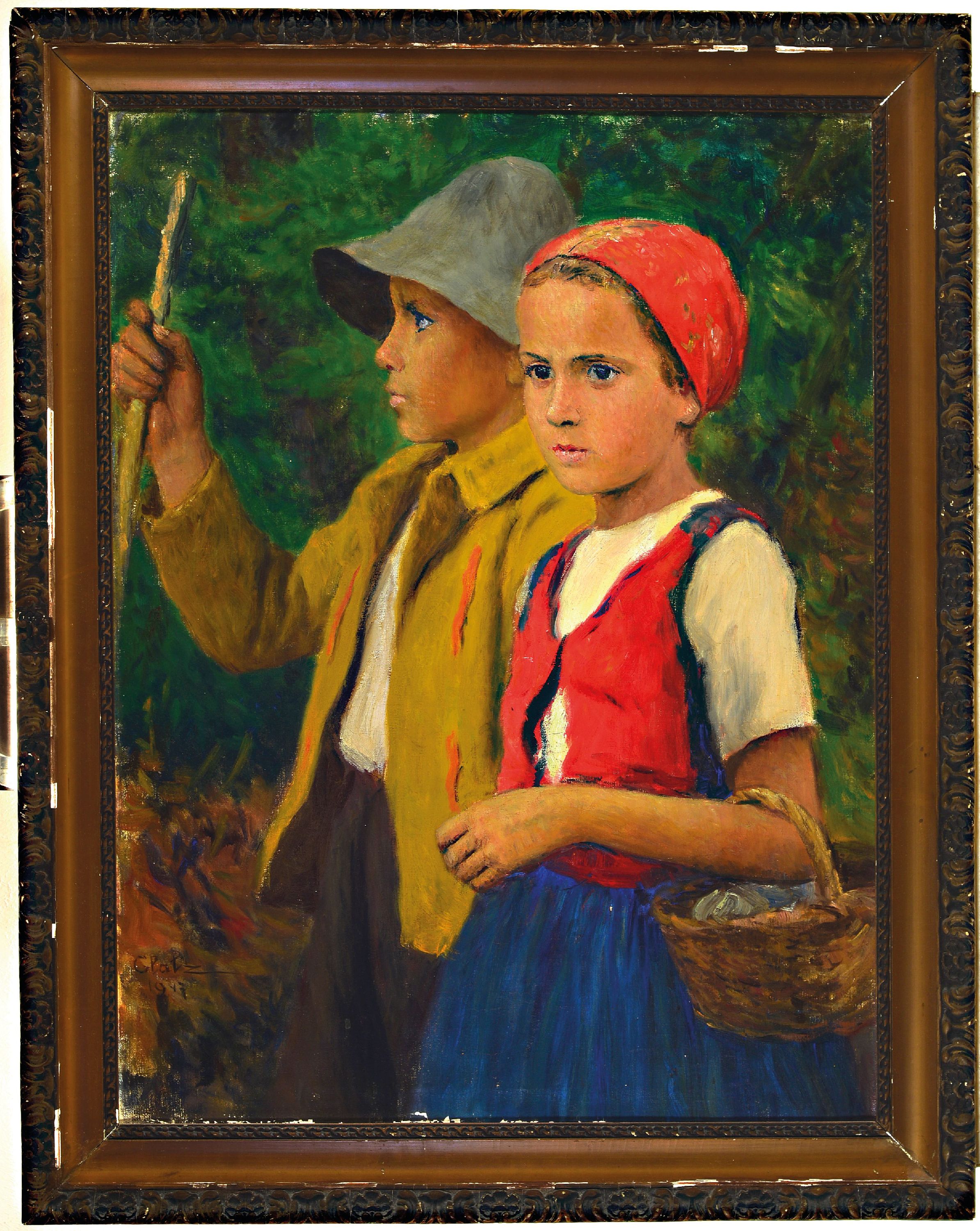 Detail k: Oscar Glatz, 1872-1958 Budapest, Junge mit Stock und Mädchen mit Korb im Wald, Öl/Lwd, links unten sign. und dat. 1947, am unteren Rand mit ...