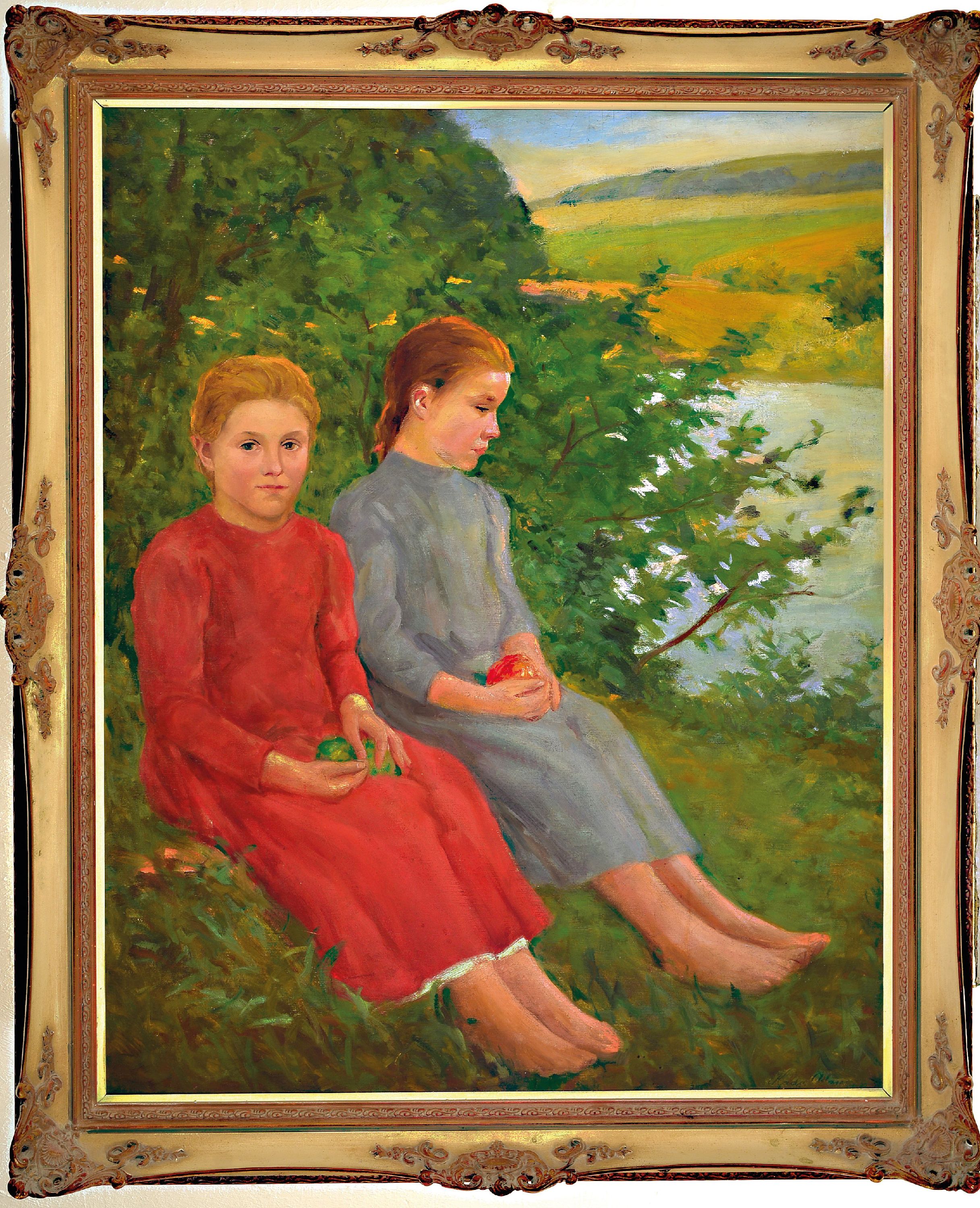 Detail k: Alajos Kada, ungarischer Maler, geb. 1882, Porträt zweier Schwestern in Landschaft mit Flußlauf, Öl/Lwd, rechts unten sign., ca. 100x80cm, R. ...