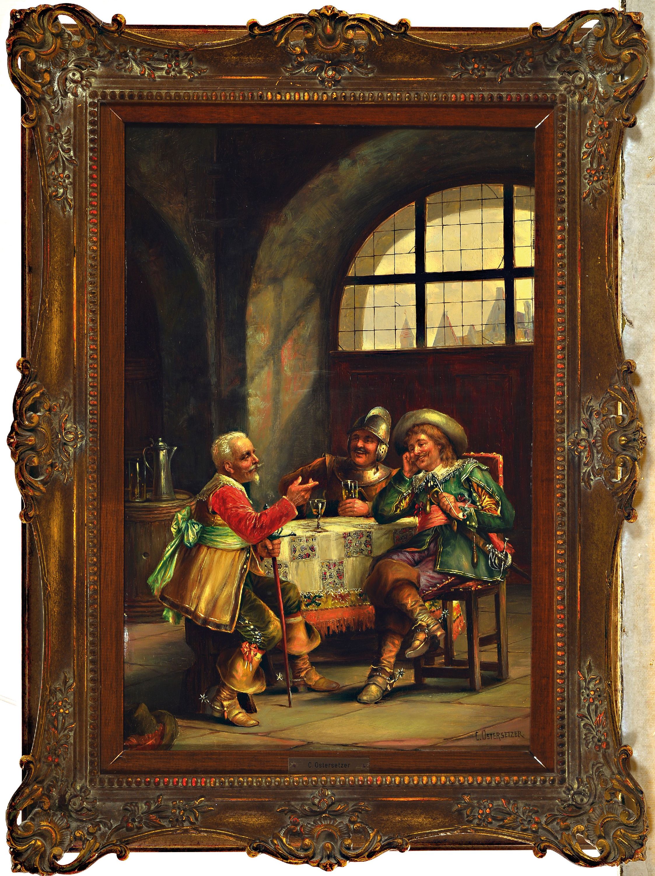Detail k: Carl Ostersetzer, 1865 Brody/Galizien-1914 Wien, Interieur, drei zechende Landsknechte in der Stube, Öl/Holz, signiert, ca. 48x31cm, R. ca. 61x46cm
