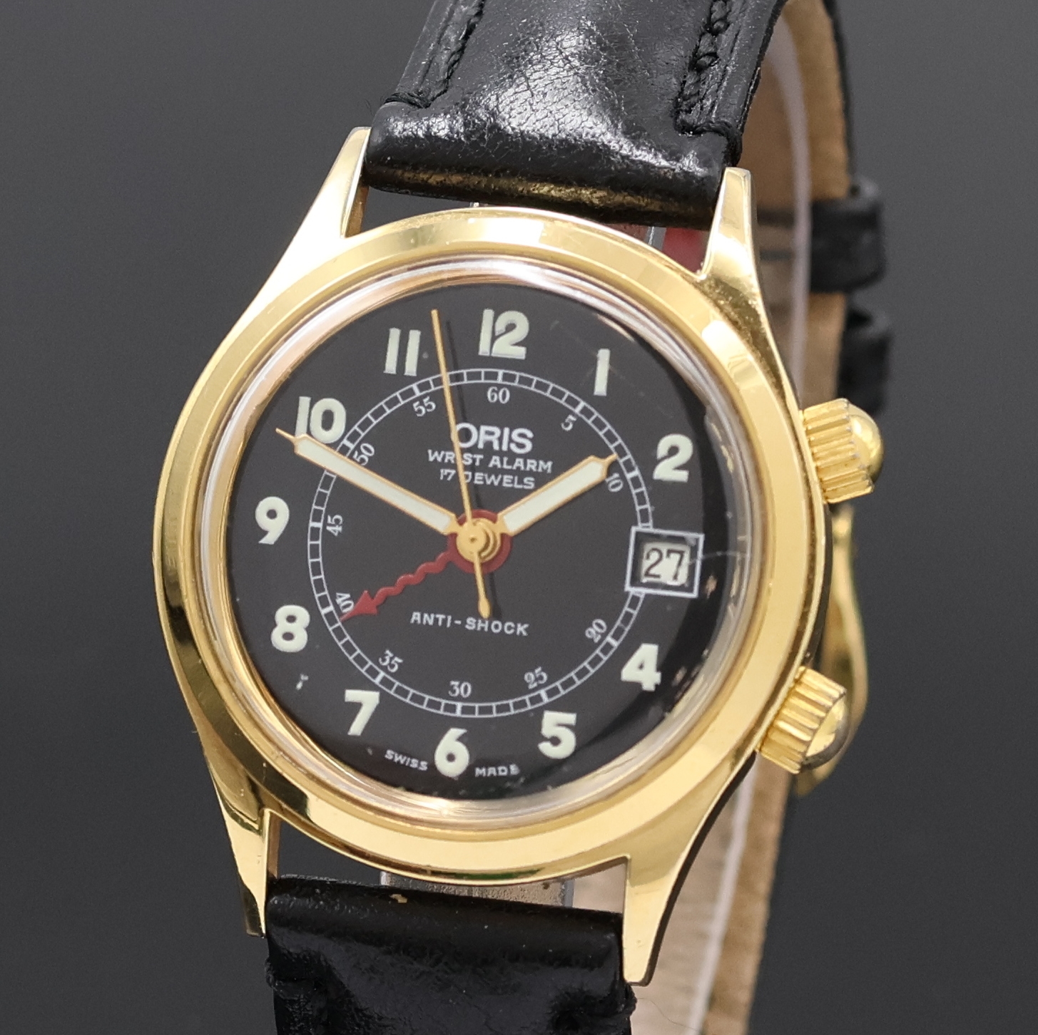 Detail a: ORIS Armbandwecker Modell Wrist Alarm Referenz 420-7387, Schweiz um 1988, Handaufzug, verg. Metallgeh., Edelst.-Boden verschr., schwarzes ...