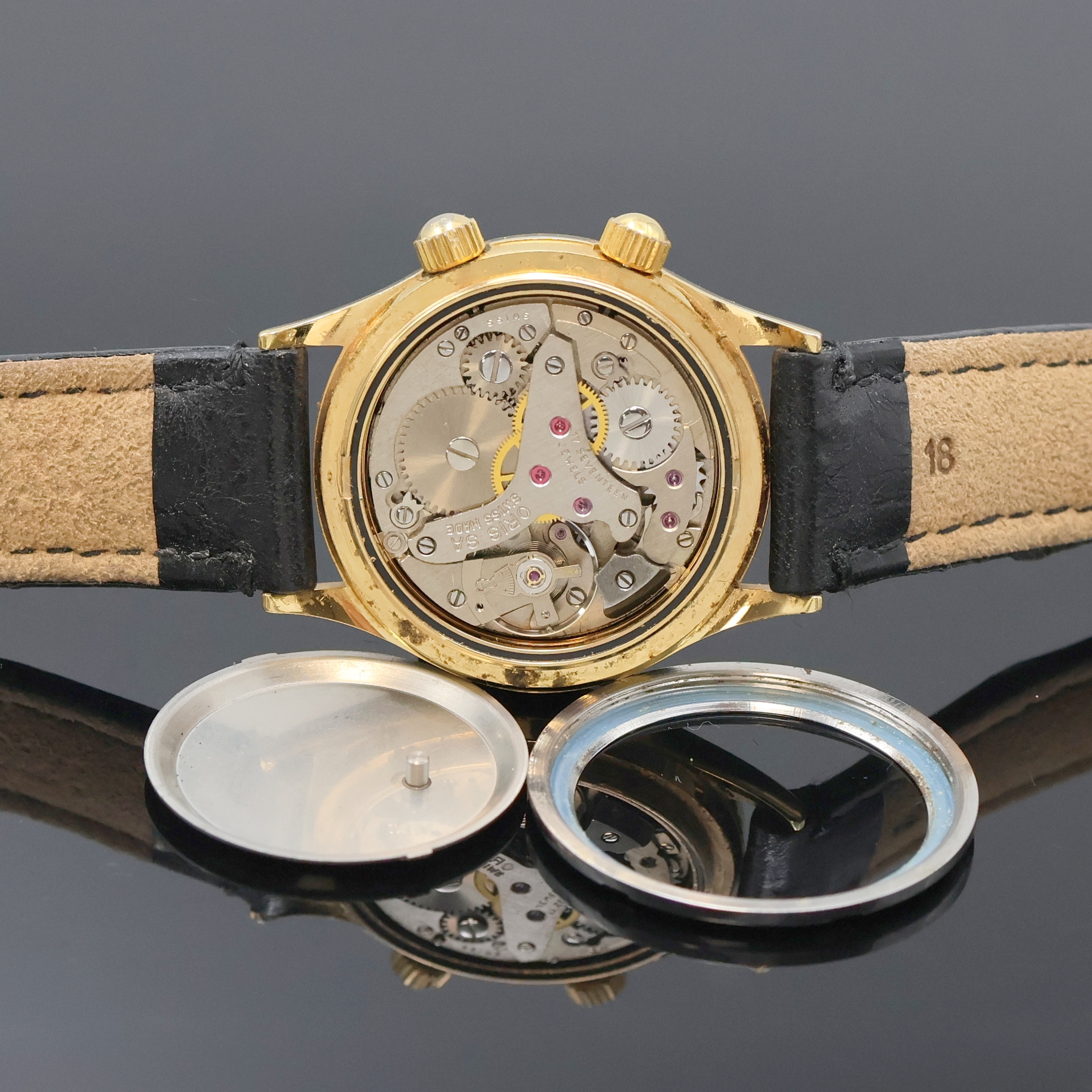 Detail e: ORIS Armbandwecker Modell Wrist Alarm Referenz 420-7387, Schweiz um 1988, Handaufzug, verg. Metallgeh., Edelst.-Boden verschr., schwarzes ...