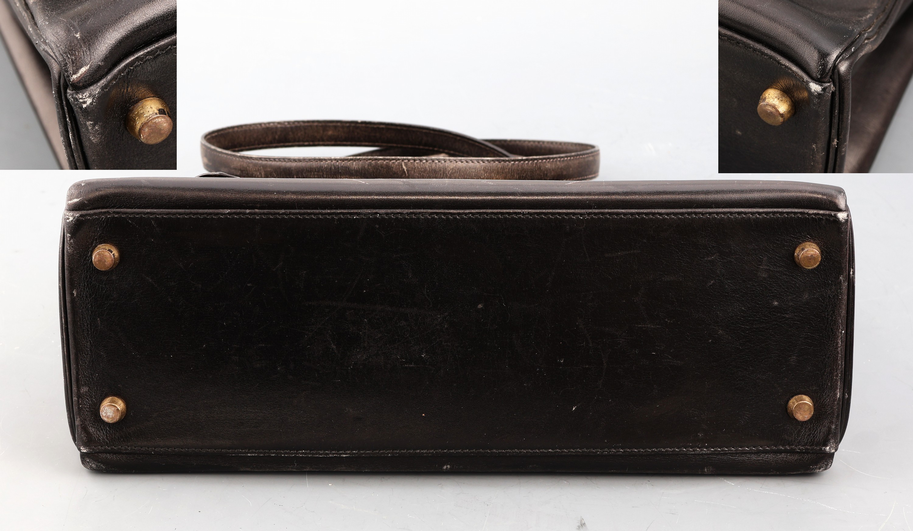 Detail c: HERMES Kelly Bag, schwarzes Glatt-Leder, 1992, goldfarb. Hardware, Schloss mit Clochette und Schlüssel, Umhängeriemen. ca. 31 x 11.5 x 22 cm, ...
