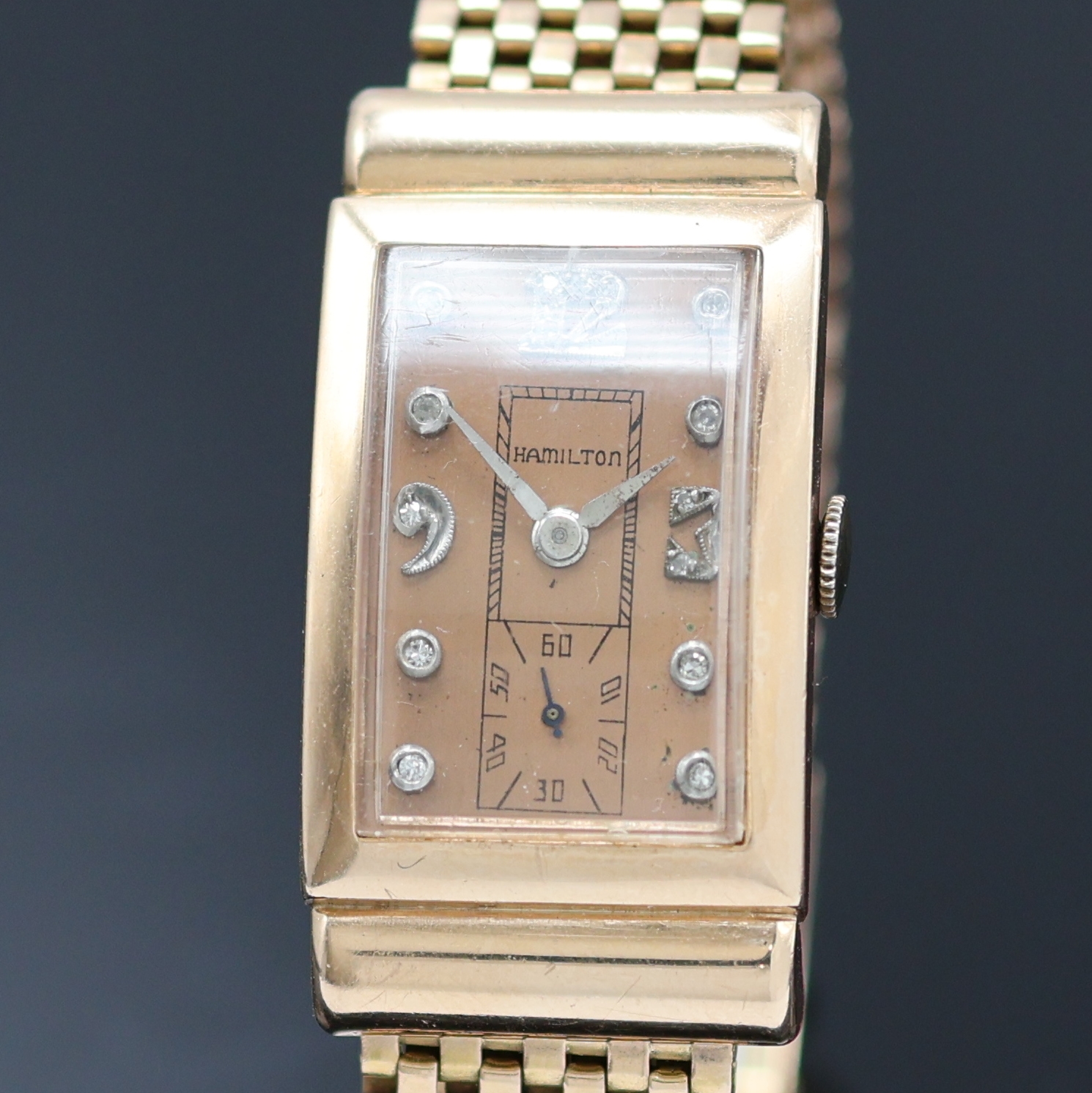 Detail a: HAMILTON ausgefallene Schmuckbanduhr in RG 585/000, USA um 1938, Handaufzug, ausgef., unsign. Goldgeh. inkl. unsign. RG 585/000 Band, verd. ...