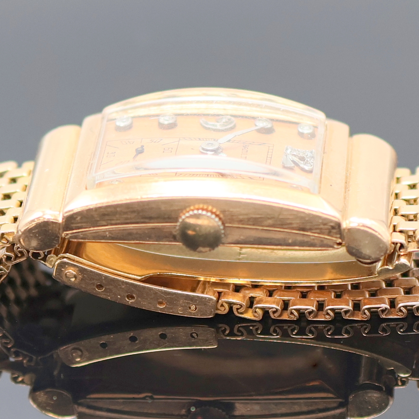 Detail c: HAMILTON ausgefallene Schmuckbanduhr in RG 585/000, USA um 1938, Handaufzug, ausgef., unsign. Goldgeh. inkl. unsign. RG 585/000 Band, verd. ...